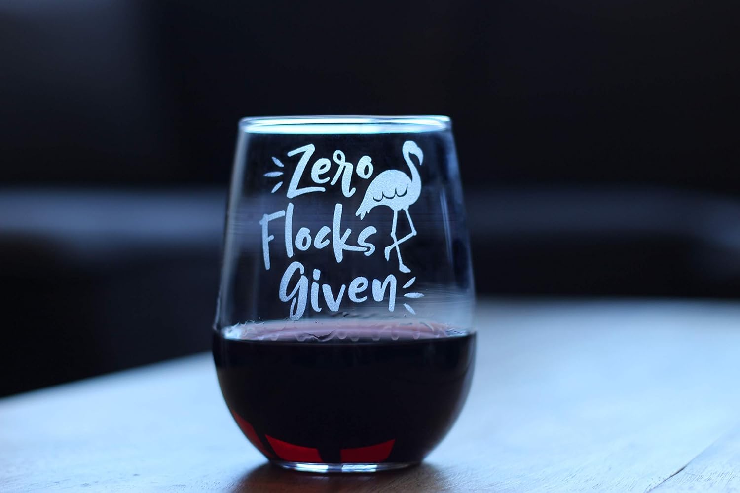 Zero Flocks Given  Cute Funny Flamingo Stemless Wine Glass, Large 17 Ounce, Etched Sayings, Gift Box