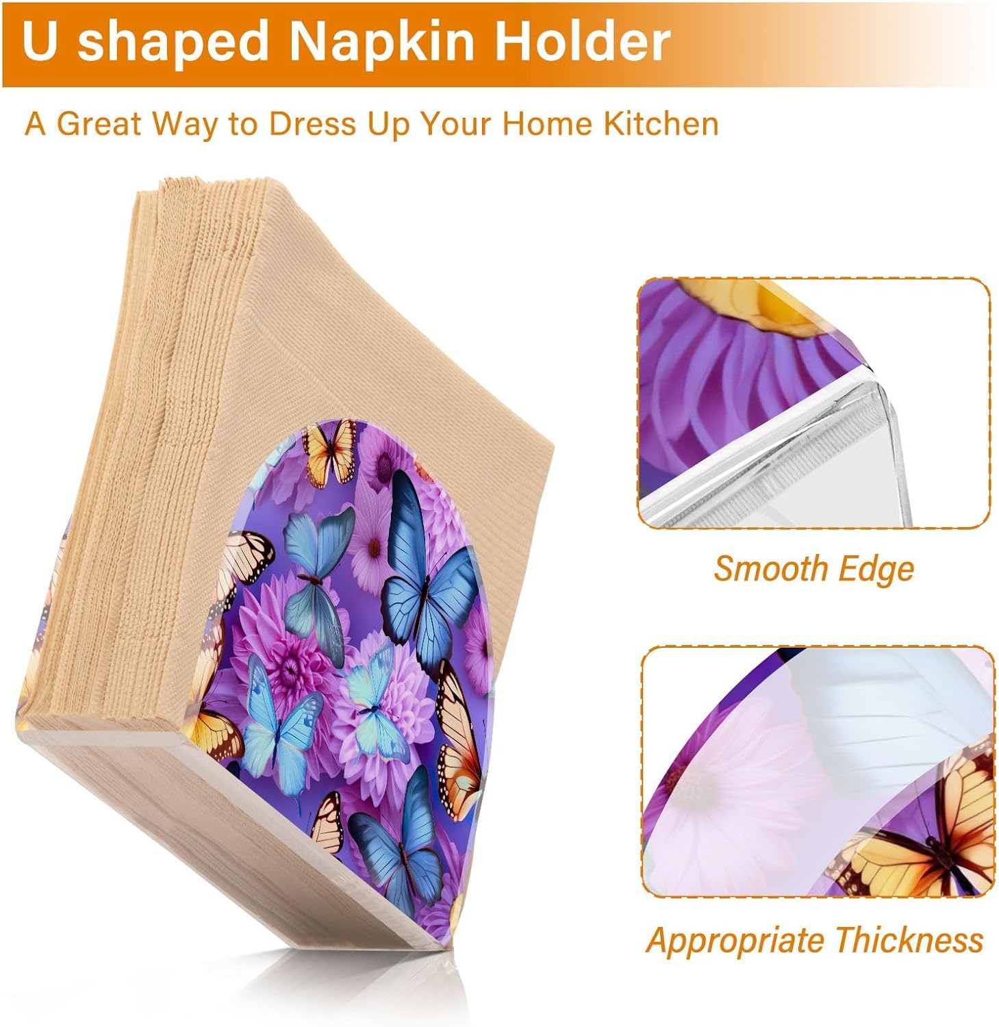 Dispensador de servilletas de flores moradas con mariposas, soporte de acrílico para servilletas de cóctel para mesas, servilleta de pie para cena,