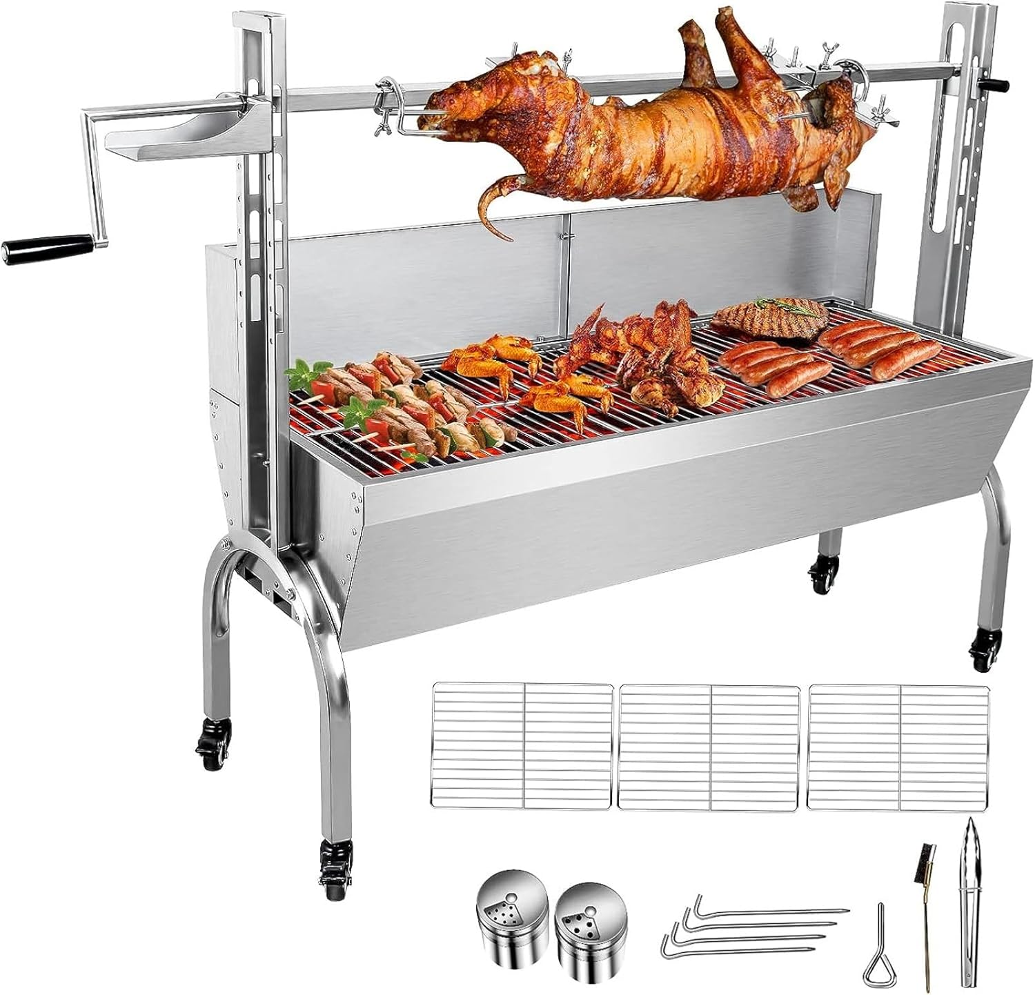 Parrilla asadora de acero inoxidable con protector de cubierta trasera, motor de 25 W, asador de cordero de cerdo pequeño, parrilla asadora de