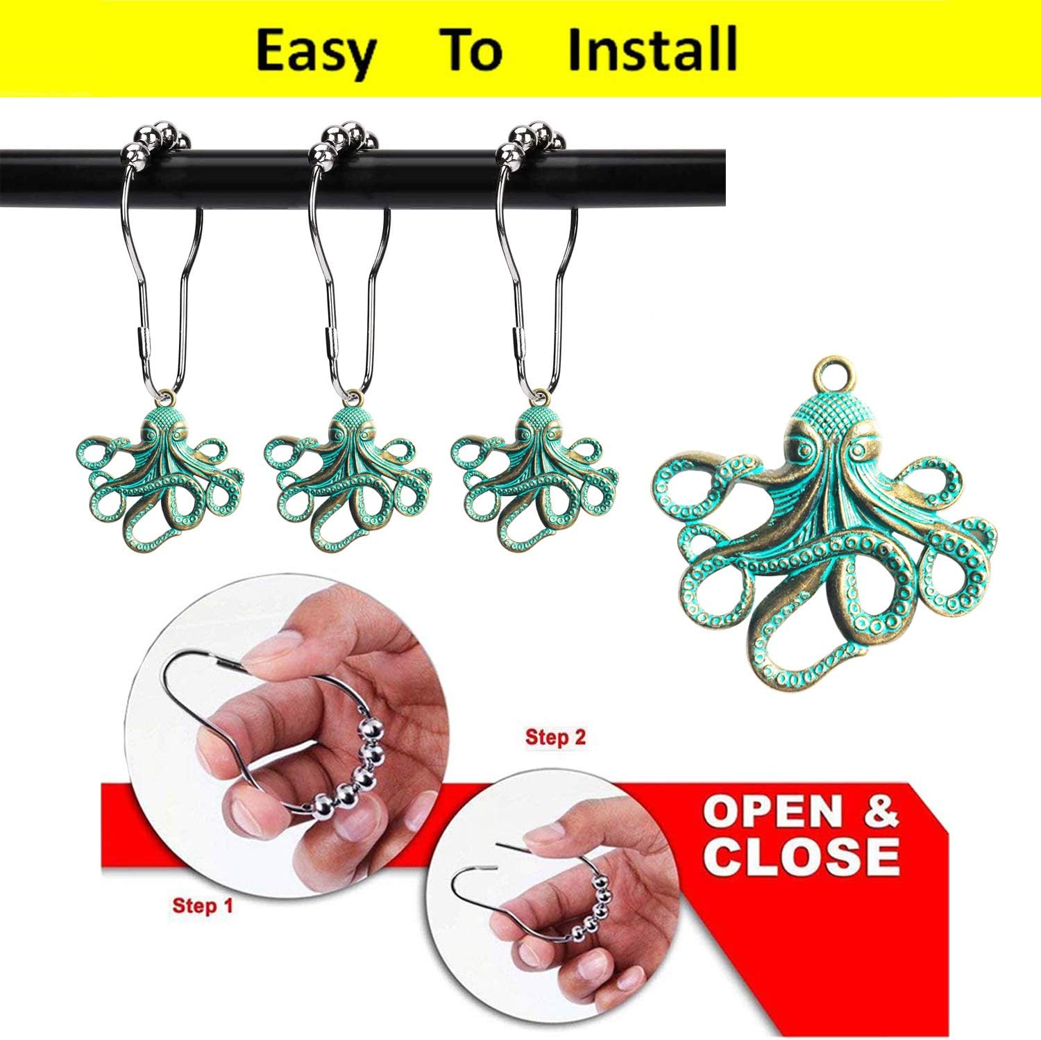 Juego de 12 ganchos decorativos de acero inoxidable para cortina de ducha de pulpo, para el hogar, baño