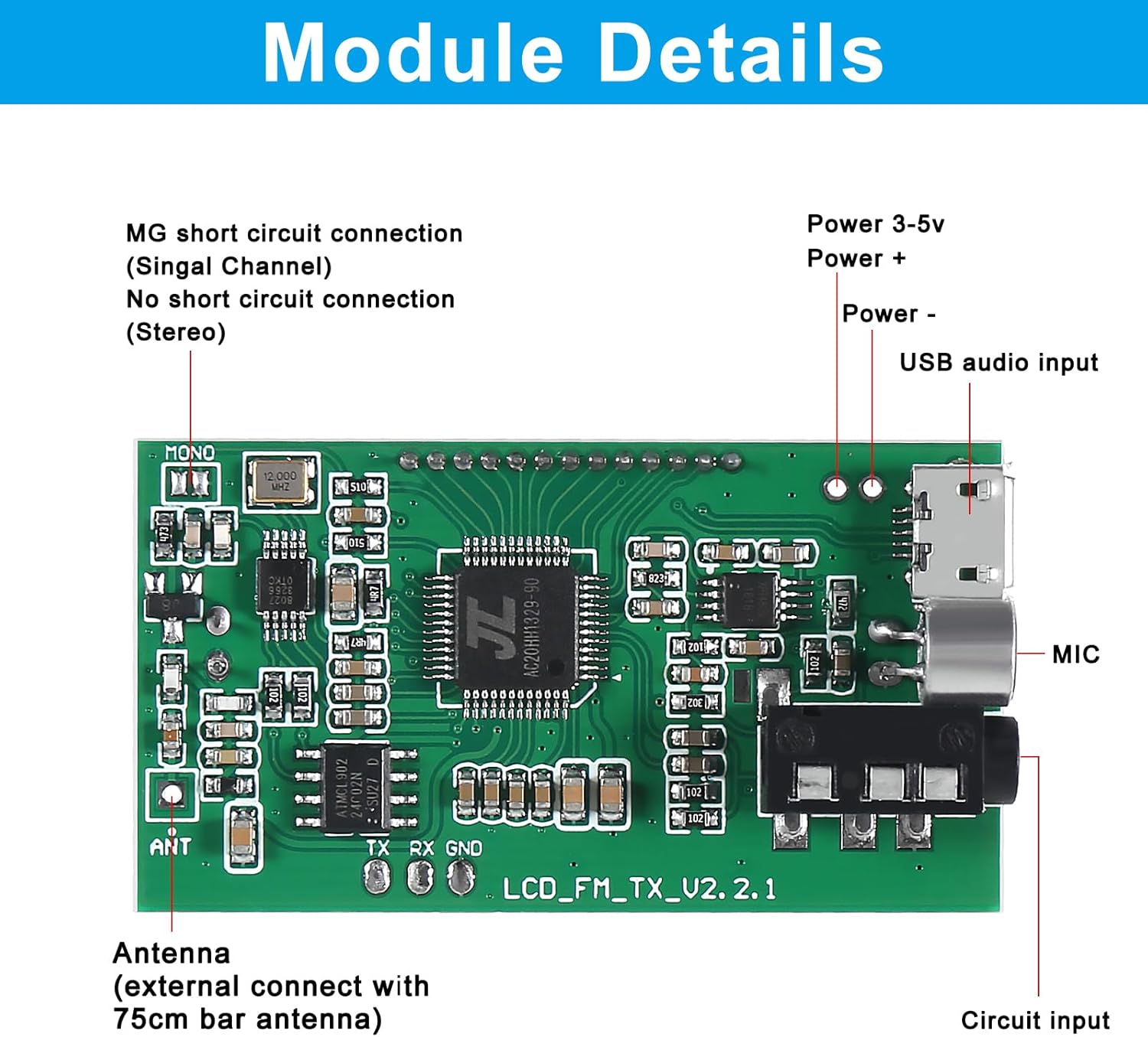 Módulo transmisor FM DSP PLL 87-108 MHz estéreo digital inalámbrico placa de micrófono multifunción modulación de frecuencia con pantalla LCDentrada