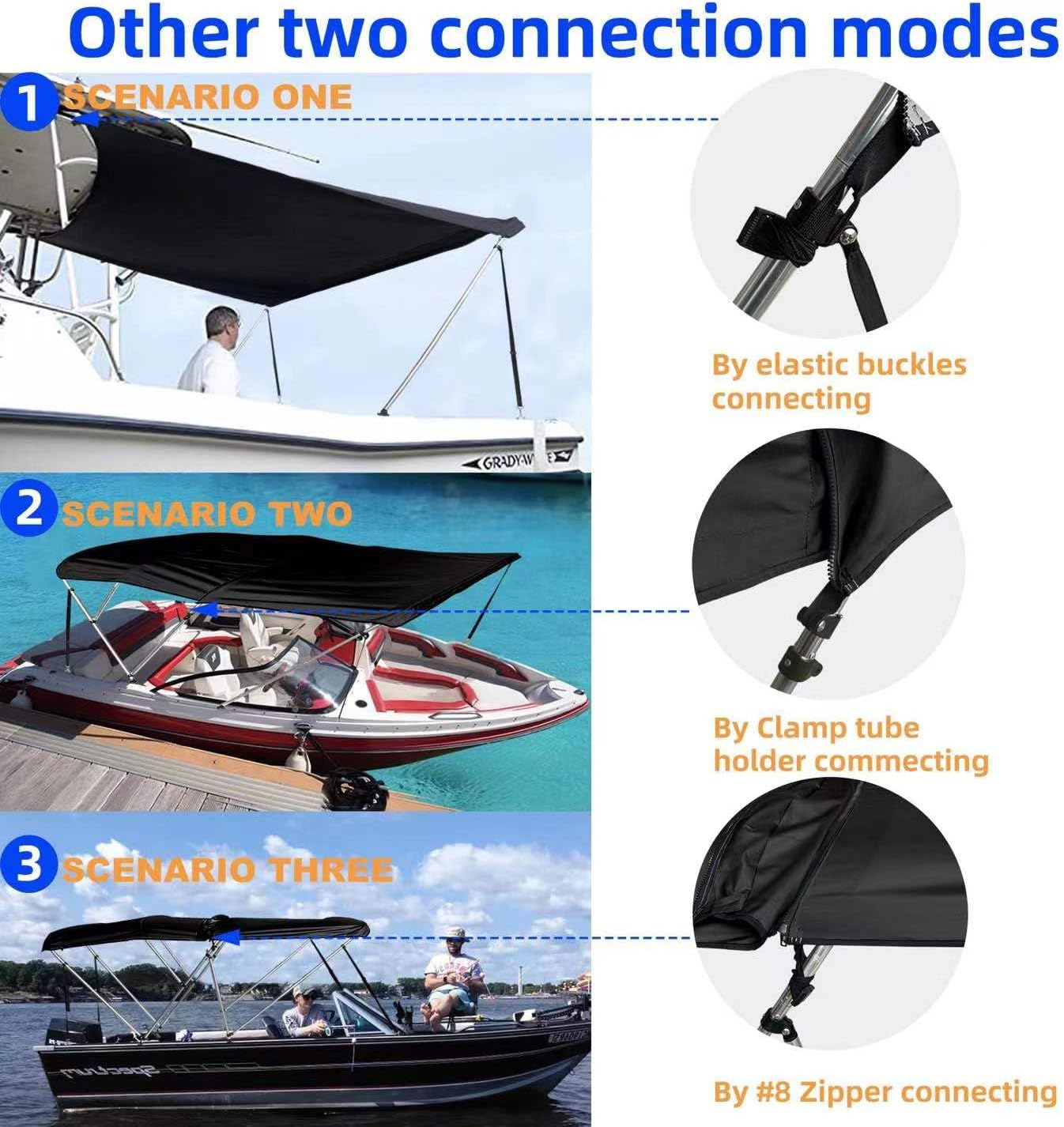 Kit universal de parasol Bimini de 2 a 4 lazos en la parte superior y en T para lancha de 54 a 103 pulgadas de ancho, a prueba de rayos UV, lona