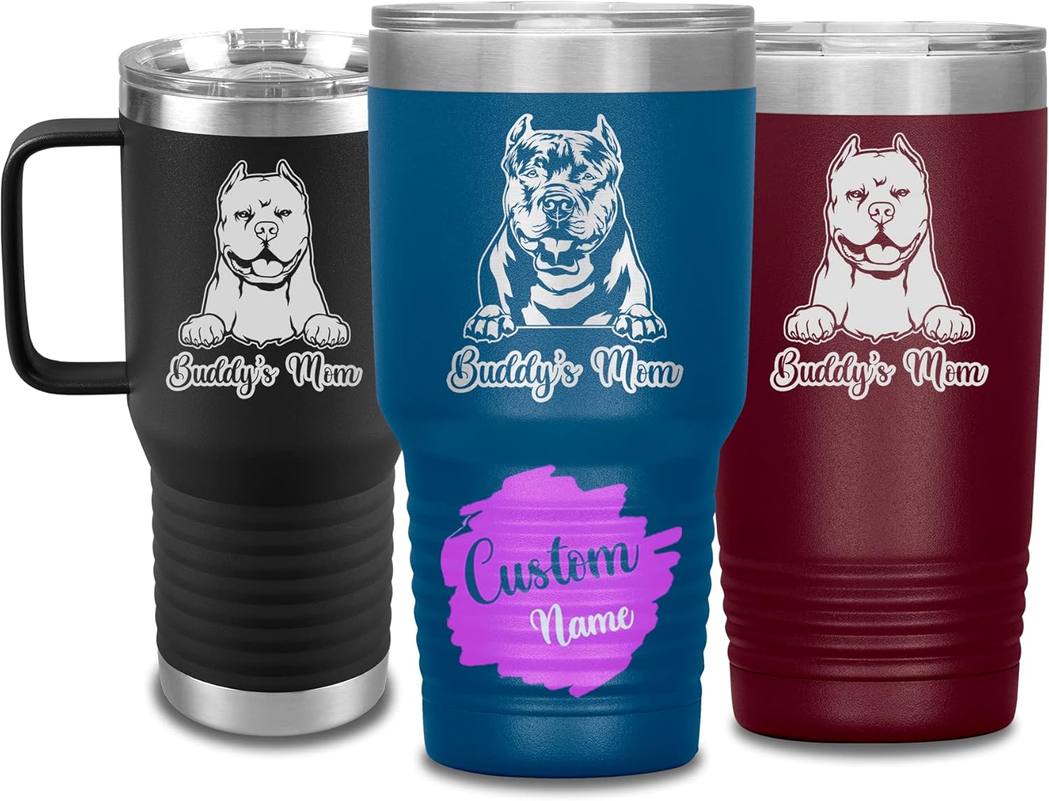 Vaso de viaje de Navidad personalizado con diseño de perro American Bully Dog Mom Dad dueño de perro matón personalizado, recuerdo grabado para el
