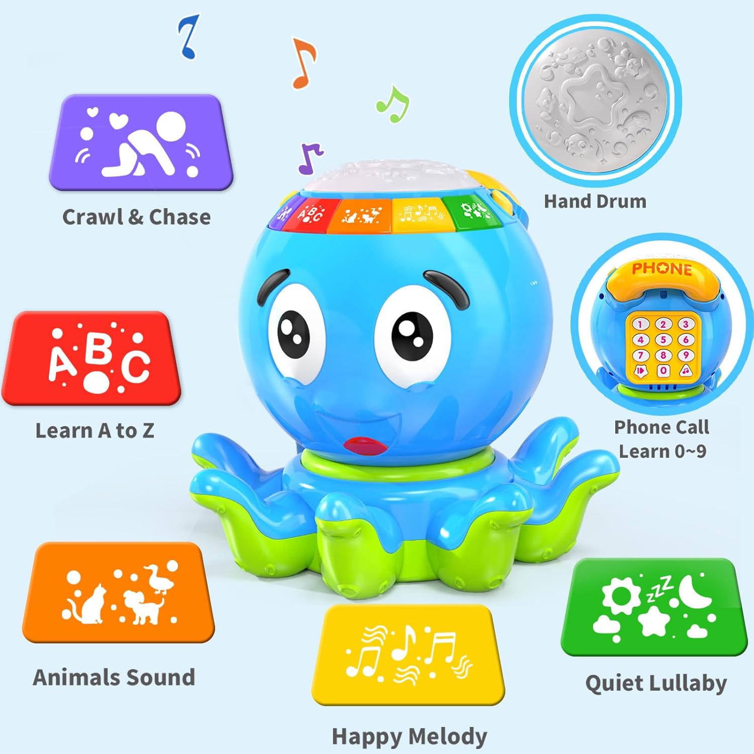 Juguetes para bebés de 6 a 12 meses, juguete musical interactivo de pulpo, de 12 a 18 meses, tiempo boca abajo con luz y sonido, 7, 8, 9, 10, 11