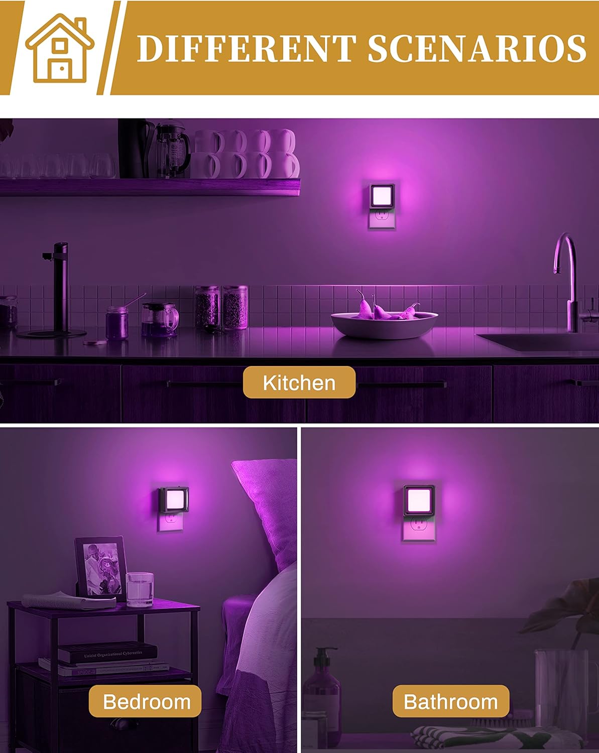DORESshop Paquete de 2 luces nocturnas moradas, luces nocturnas enchufables a la pared, luz nocturna, sensor de atardecer a amanecer, luz nocturna