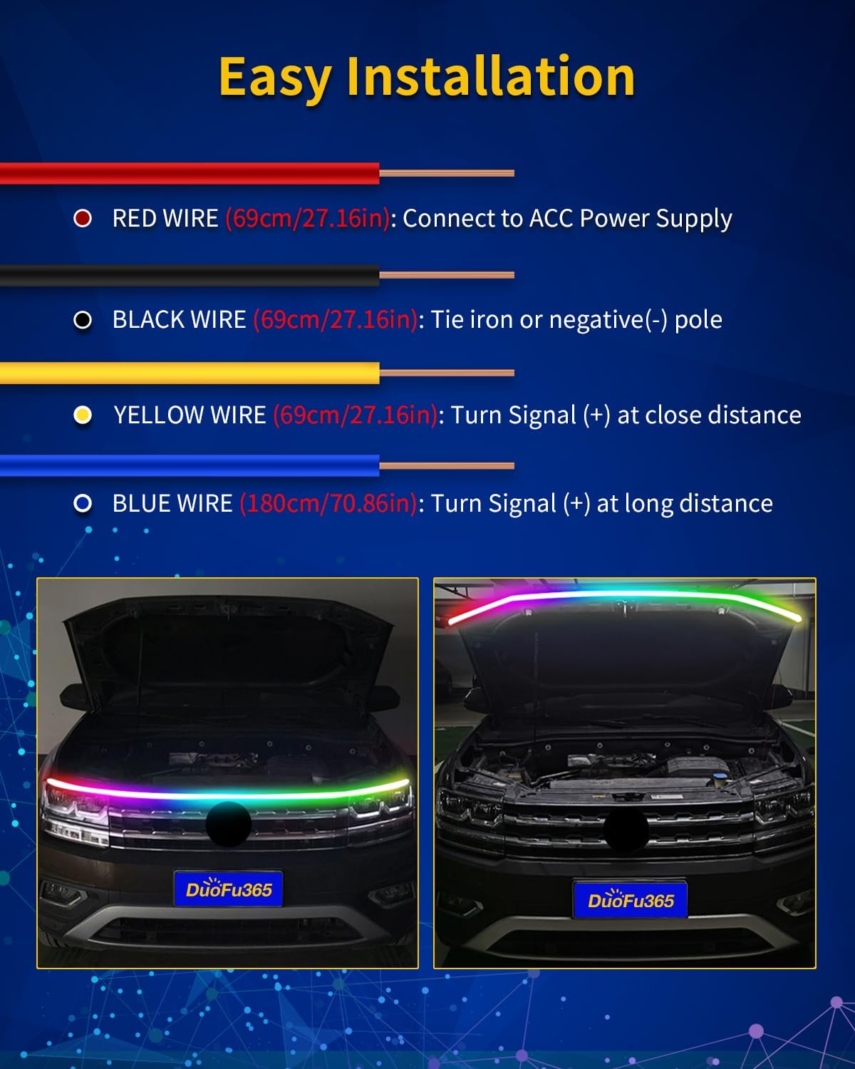 Tira de luz LED para capó de automóvil, RGB multicolor dinámico escaneo dinámico con aplicación y control remoto, 12 V actualizado, impermeable,
