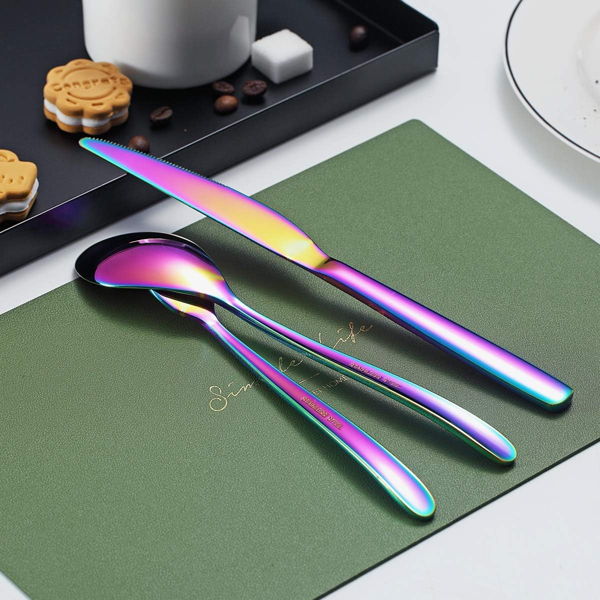 HOMQUEN Juego de cubiertos arcoíris de 40 piezas, juego de cubiertos de arcoíris para 8, juego de cubiertos de acero inoxidable para cocina,