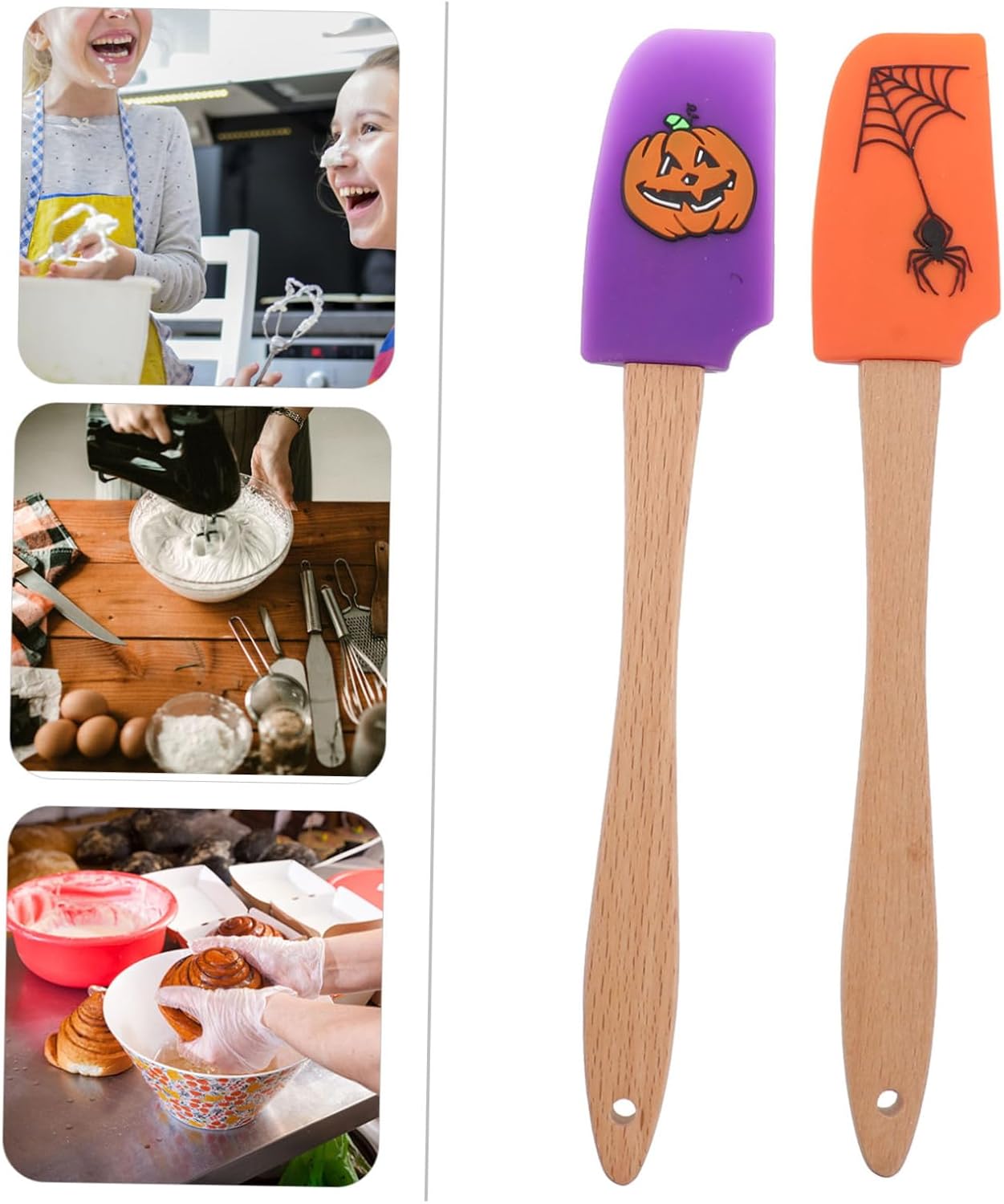 Raspador de silicona, 2 piezas, raspador de Halloween, utensilios de cocina, espátula de madera para hornear de calabaza para niños