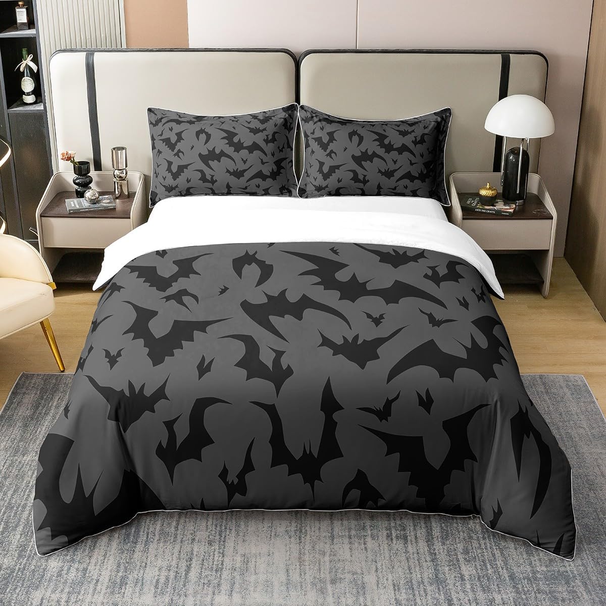 Juego de ropa de cama 100% algodón natural con patrón de murciélagos, tamaño individual, funda de edredón para niños con 1 funda de almohada, color