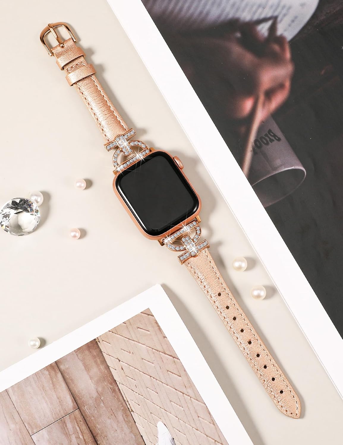TOYOUTHS Correa de cuero compatible con Apple Watch Band 3840414244451.929 in, correa delgada y elegante para mujer con hebilla de metal de diamante