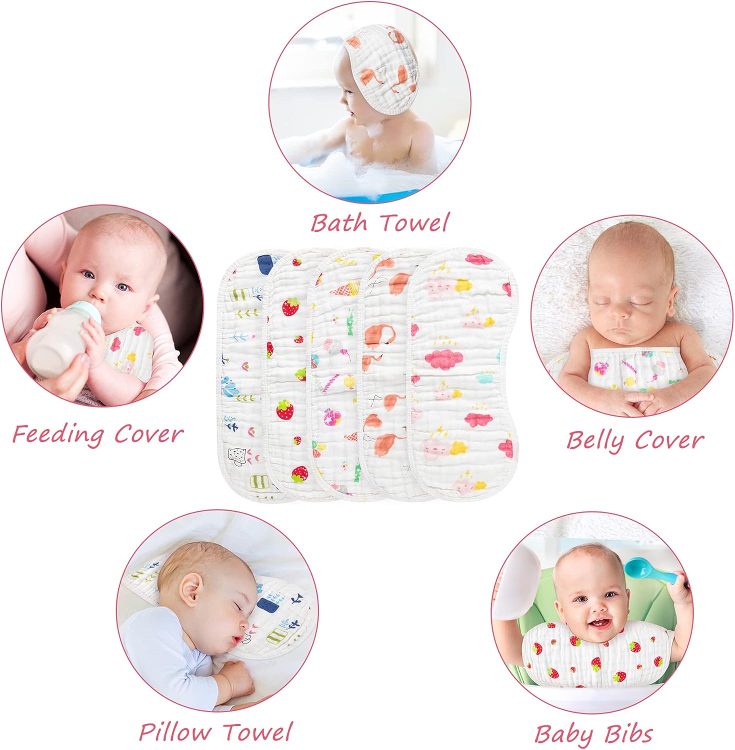 GROBRO7 5Pcs Burp Cloths Baby Bibs Muslin Burping Bid