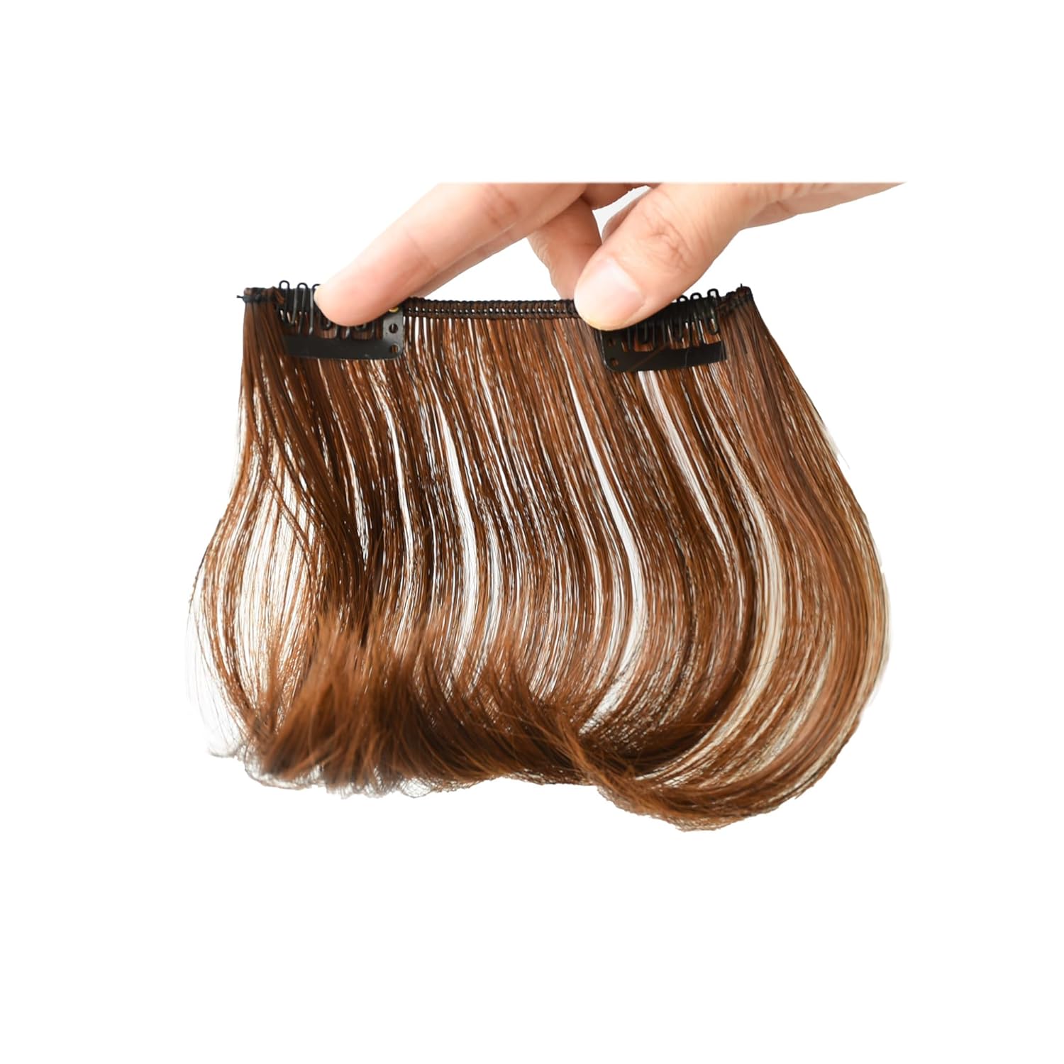 Flequillo rizado esponjoso, postizo de pelo sintético natural para mujer, fleco falso con clip (2 piezas, marrón claro)