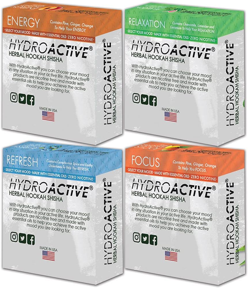 Hydro Sabores activos de cachimba con aceites esenciales, All Active Mix Hookah Shisha en melocotón, fresa, mango, piña, sandía y menta, sabores de