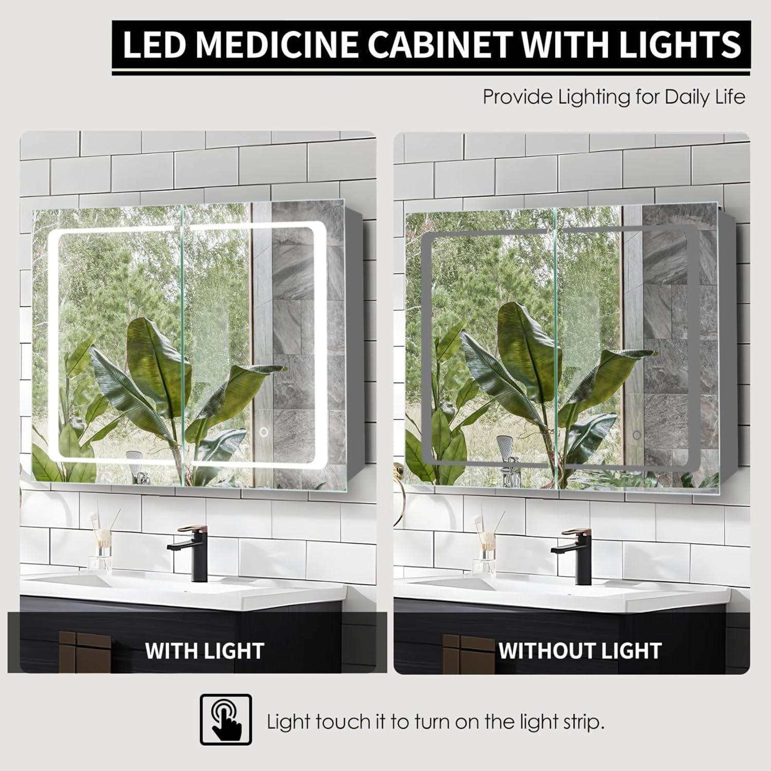 Movo Botiquín iluminado con espejo para baño, 24 x 32 pulgadas de montaje en superficie con espejo y luz LED, gabinete de baño con puertas dobles