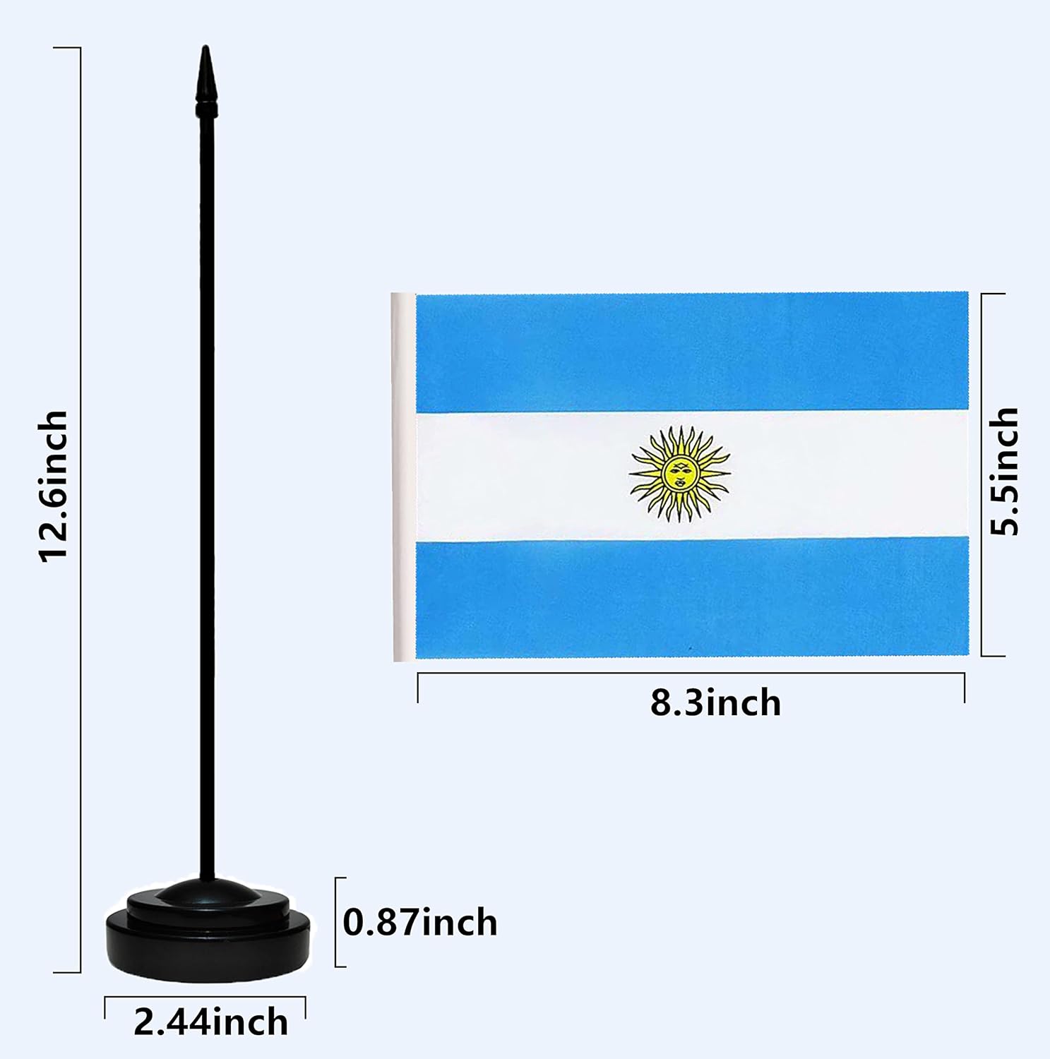 Juego de banderas argentinas de escritorio con poste negro de 13 pulgadas, base negra y parte superior de lanza, bandera de escritorio argentina de