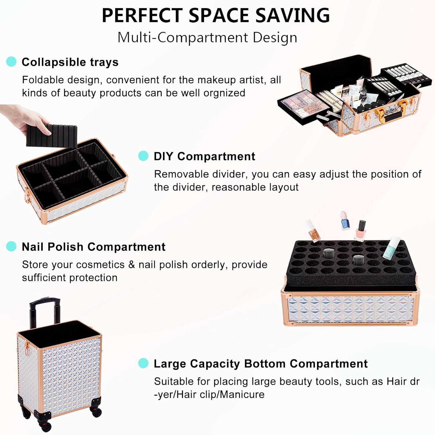 Estuche de maquillaje profesional 5 en 1, estuche de aluminio para cosméticos, estuche de maquillaje con ruedas giratorias de 360 , Blanco, Estuche
