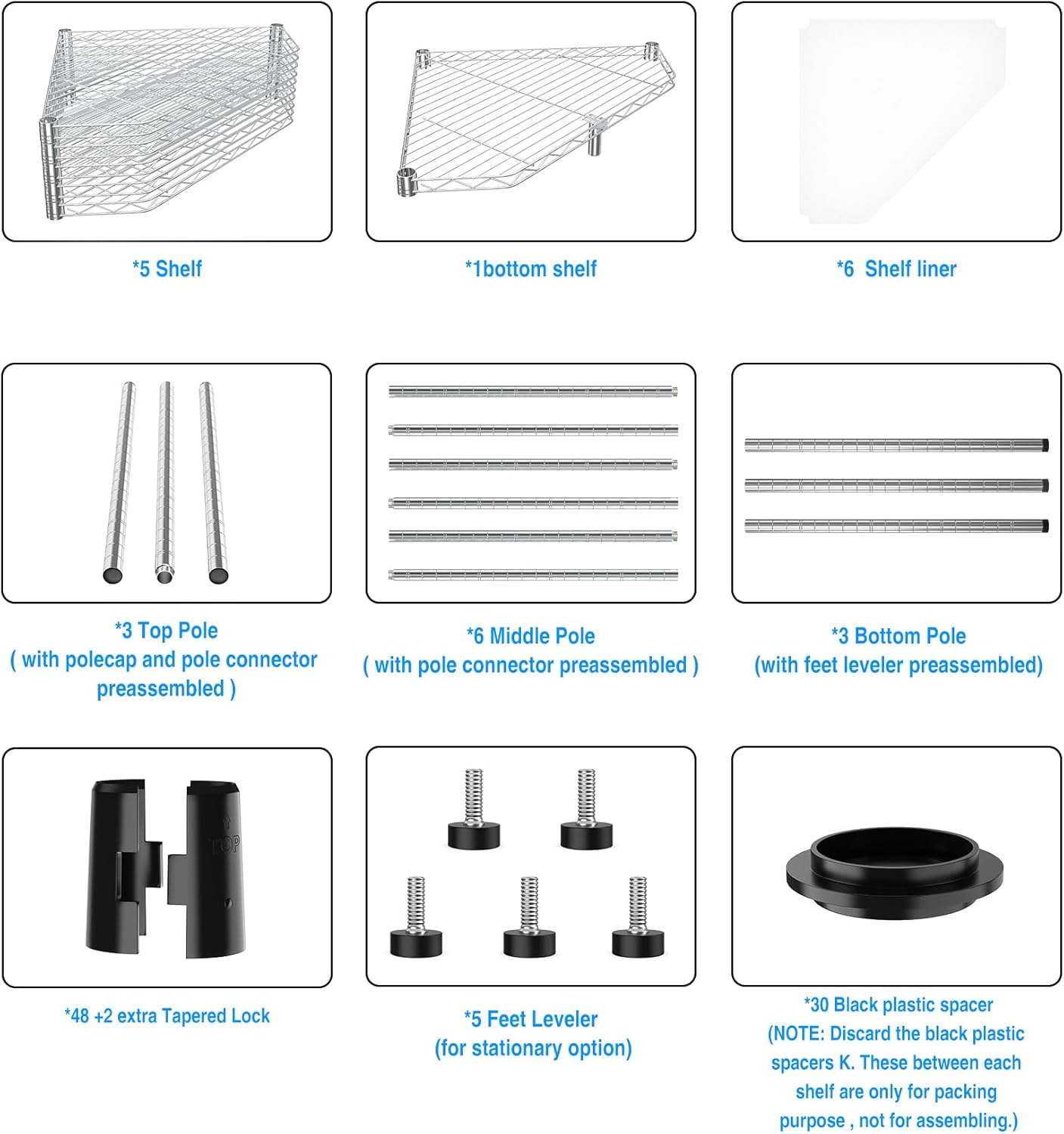 Estantería de alambre esquinero NSF de 6 niveles, 20 x 20 x 72 pulgadas, 600 libras, estante de almacenamiento de metal ajustable resistente con