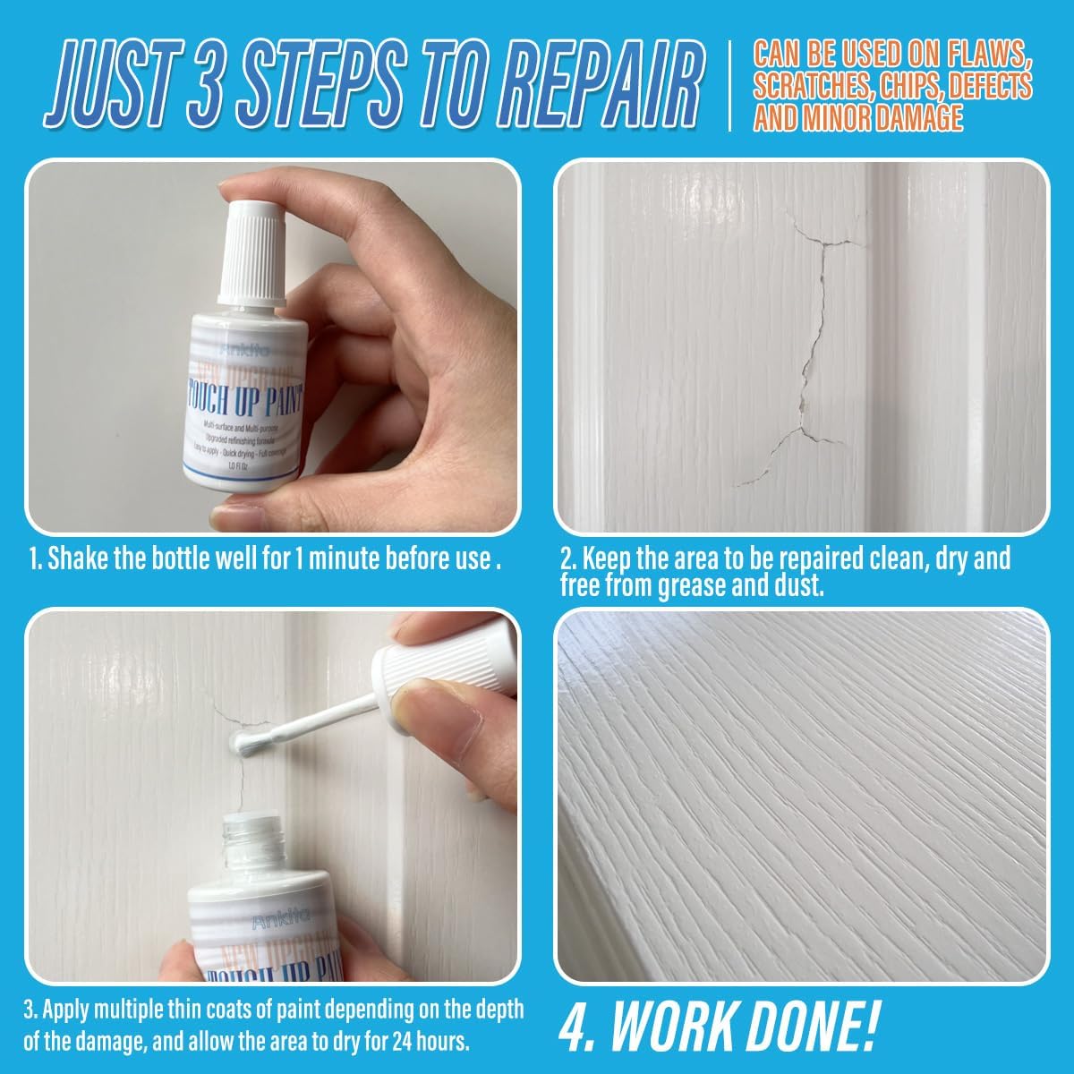 Ankita Pintura de retoque blanca, pintura esmaltada satinada interior y exterior, repara rápidamente virutas menores, grietas, arañazos y manchas,