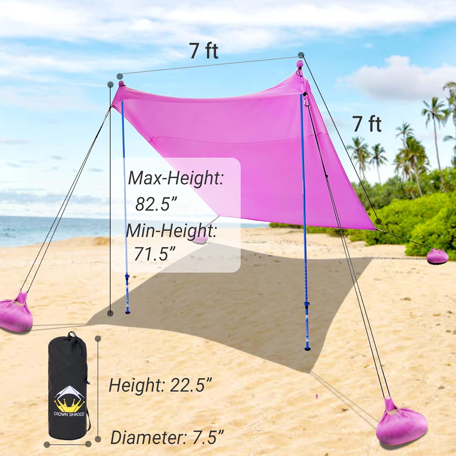 CROWN SHADES Tienda de campaña de playa portátil de 7 x 7 pulgadas, refugio solar UPF50+, toldo al aire libre para 2 a 4 personas con aluminio