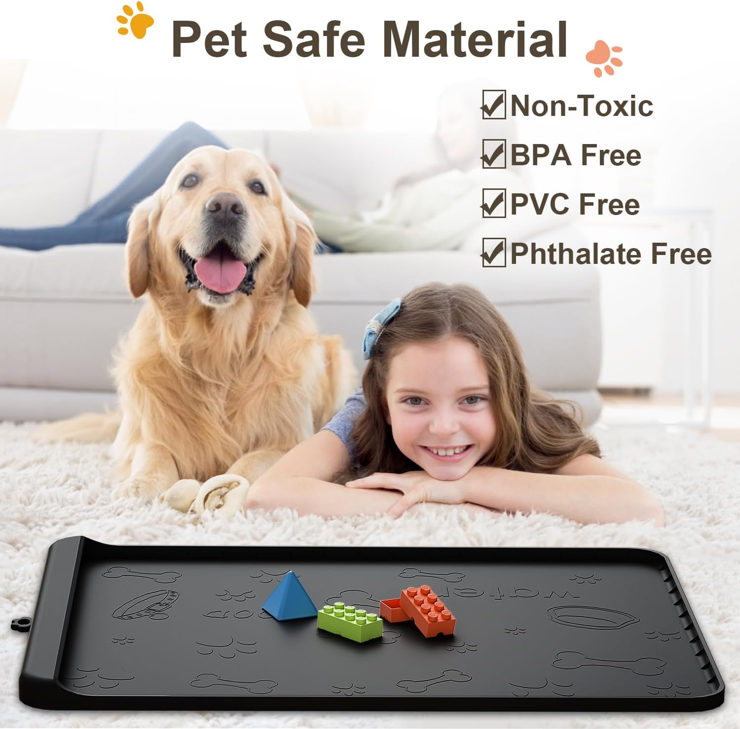 Tapete de silicona para comida y agua para perros de 28 x 20 pulgadas con bolsillo para recolección de residuos, tapete impermeable para cuenco de