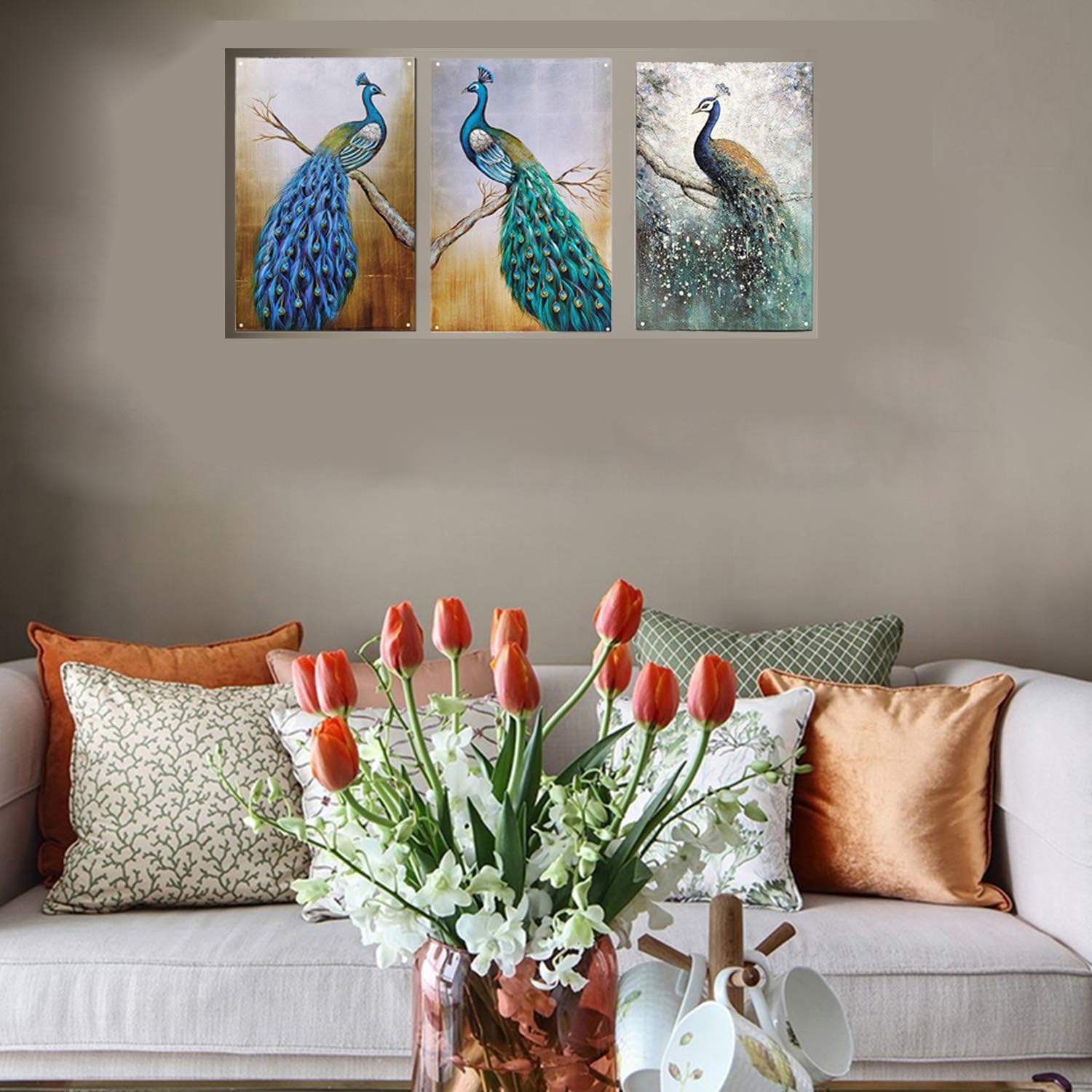 TISOSO Dos pavos reales, hermoso arte de pared, letrero de metal, decoración de pared para sala de estar, barra de arte vintage, decoración del