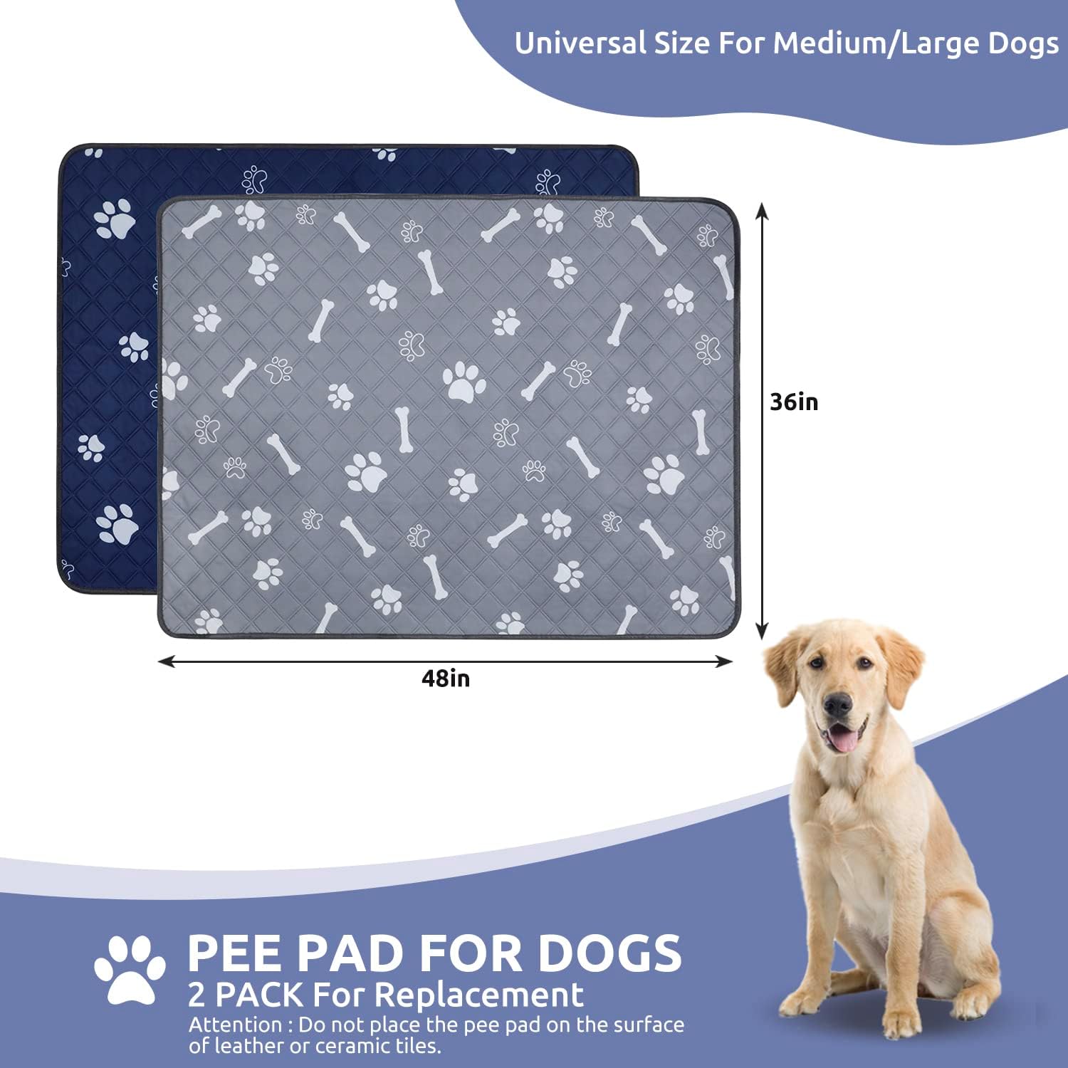 Almohadillas lavables para orina para perros, paquete de 2, almohadillas reutilizables de 36 x 48 pulgadas para entrenamiento de cachorros con gran