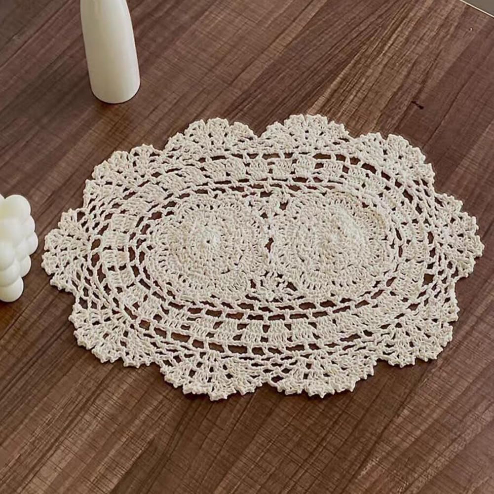 Juego de 4 manteles individuales hechos a mano de ganchillo, de algodón, con forma ovalada, 10 x 14 pulgadas, color beige