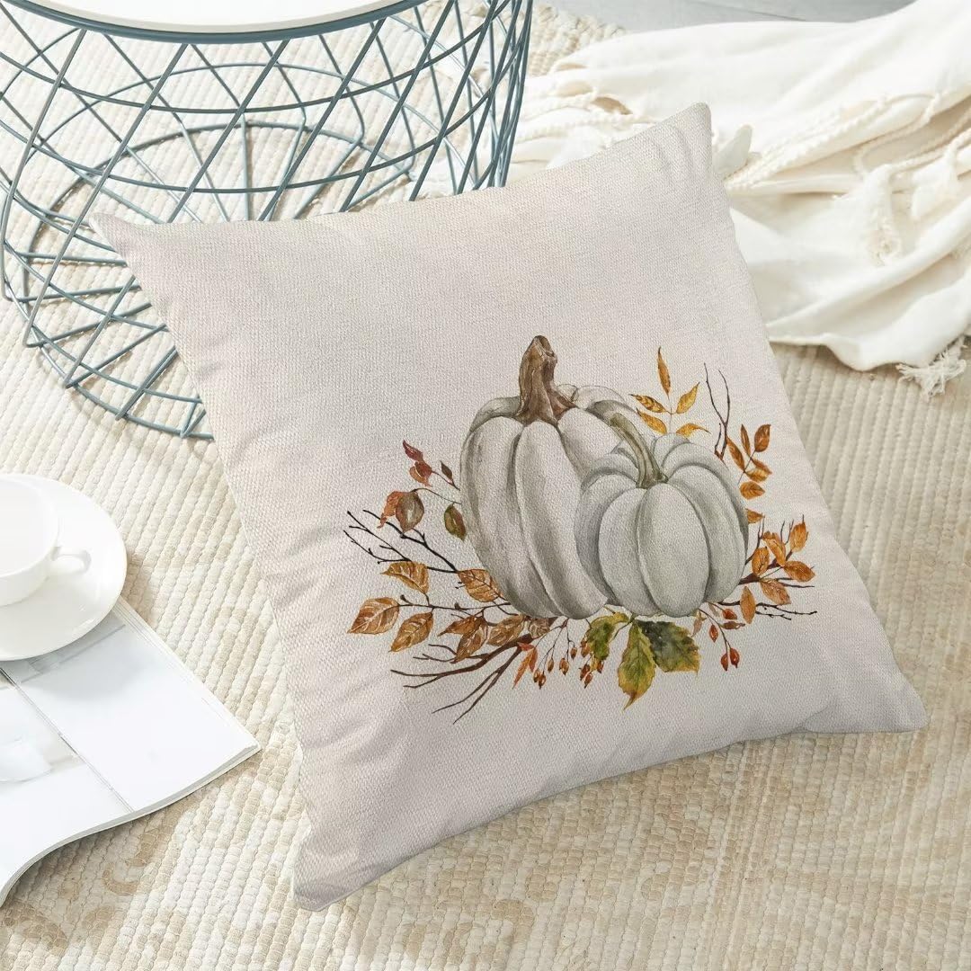 Juego de 2 fundas de almohada de otoño de 18 x 18 pulgadas, calabazas blancas y grises, flores naranjas, fundas de almohada de cosecha de Acción de