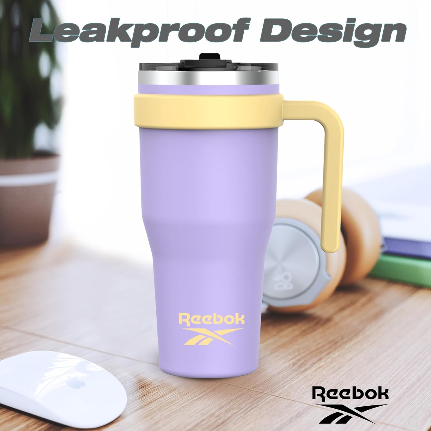 Reebok Vaso de acero inoxidable con asa, vaso de 40 onzas, dos tonos, doble pared aislado al vacío, vaso a prueba de fugas para hombres y mujeres