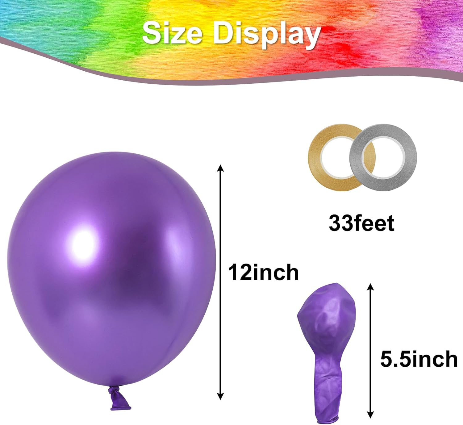 RUBFAC 50 globos metálicos, globos cromados multicolores de 12 pulgadas y cinta, 10 globos de látex gruesos de colores surtidos para cumpleaños,