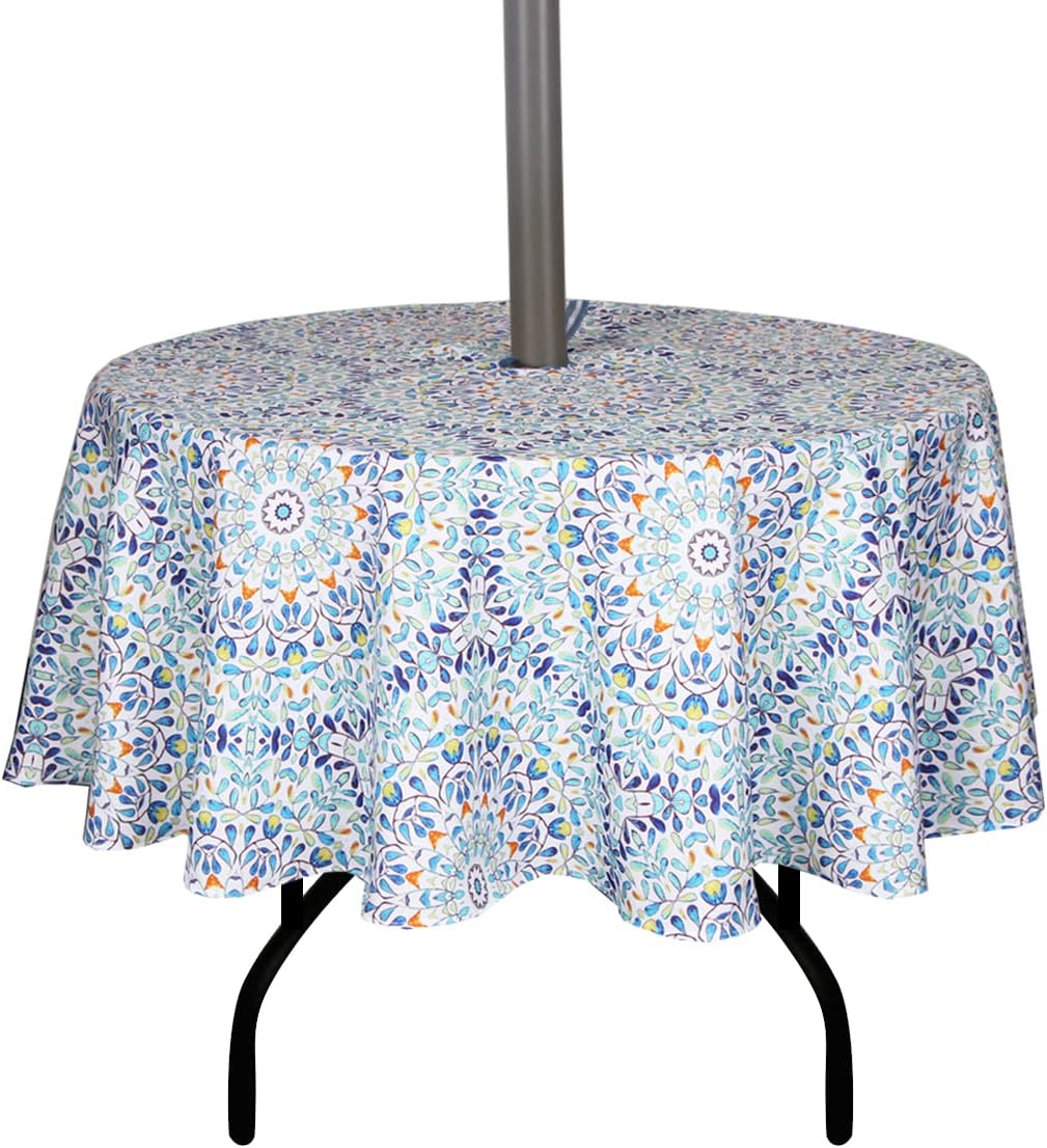 Outdoor Tablecloth Water Resistant Polyester Fabric Tropical Leaves Table Cover with Zipper Umbrella Hole for for PicnicPartyDinnerPatio Garden