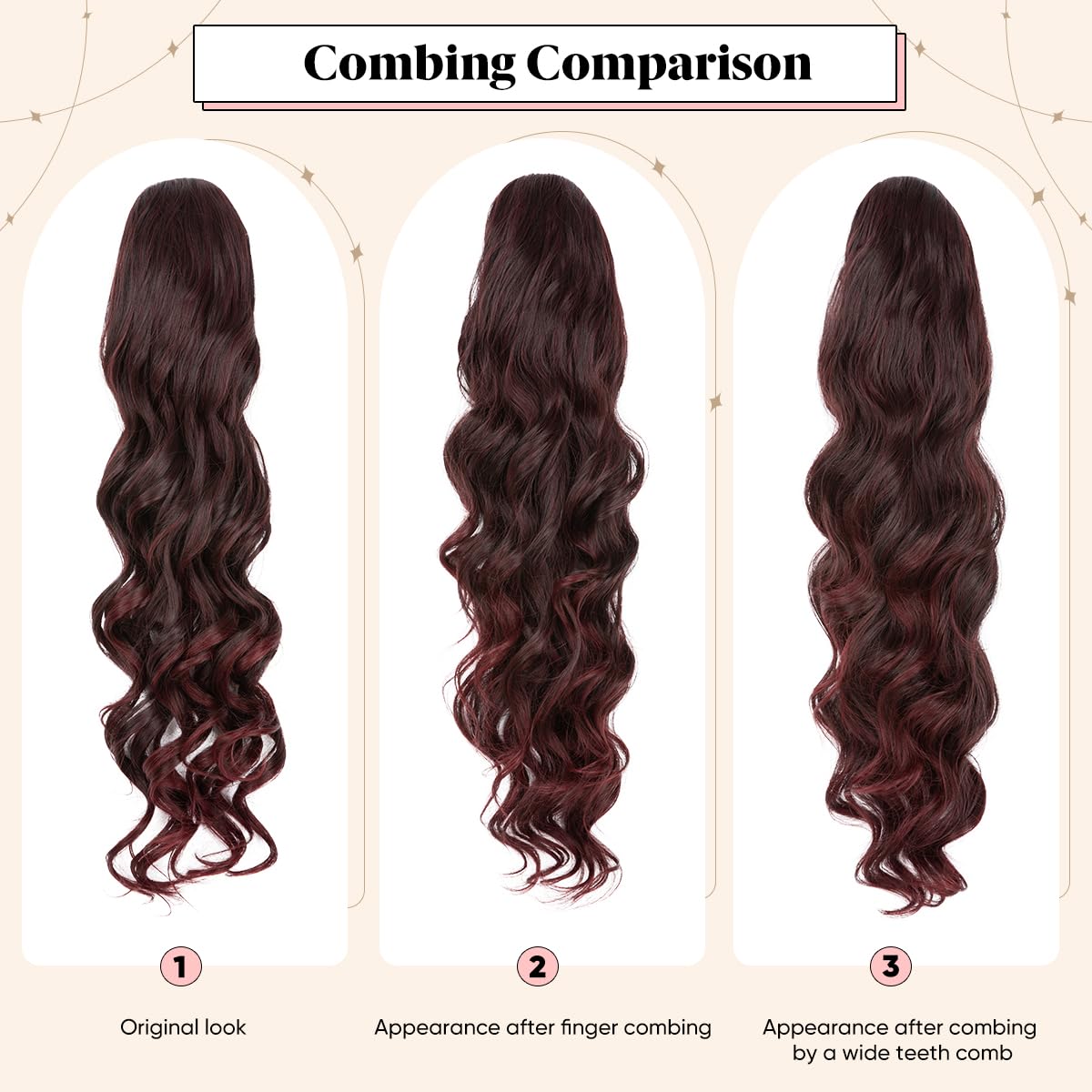 Extensiones de cola de caballo sintéticas resistentes al calor, 26 pulgadas de largo, esponjosas, onduladas, para mujer, color burdeos
