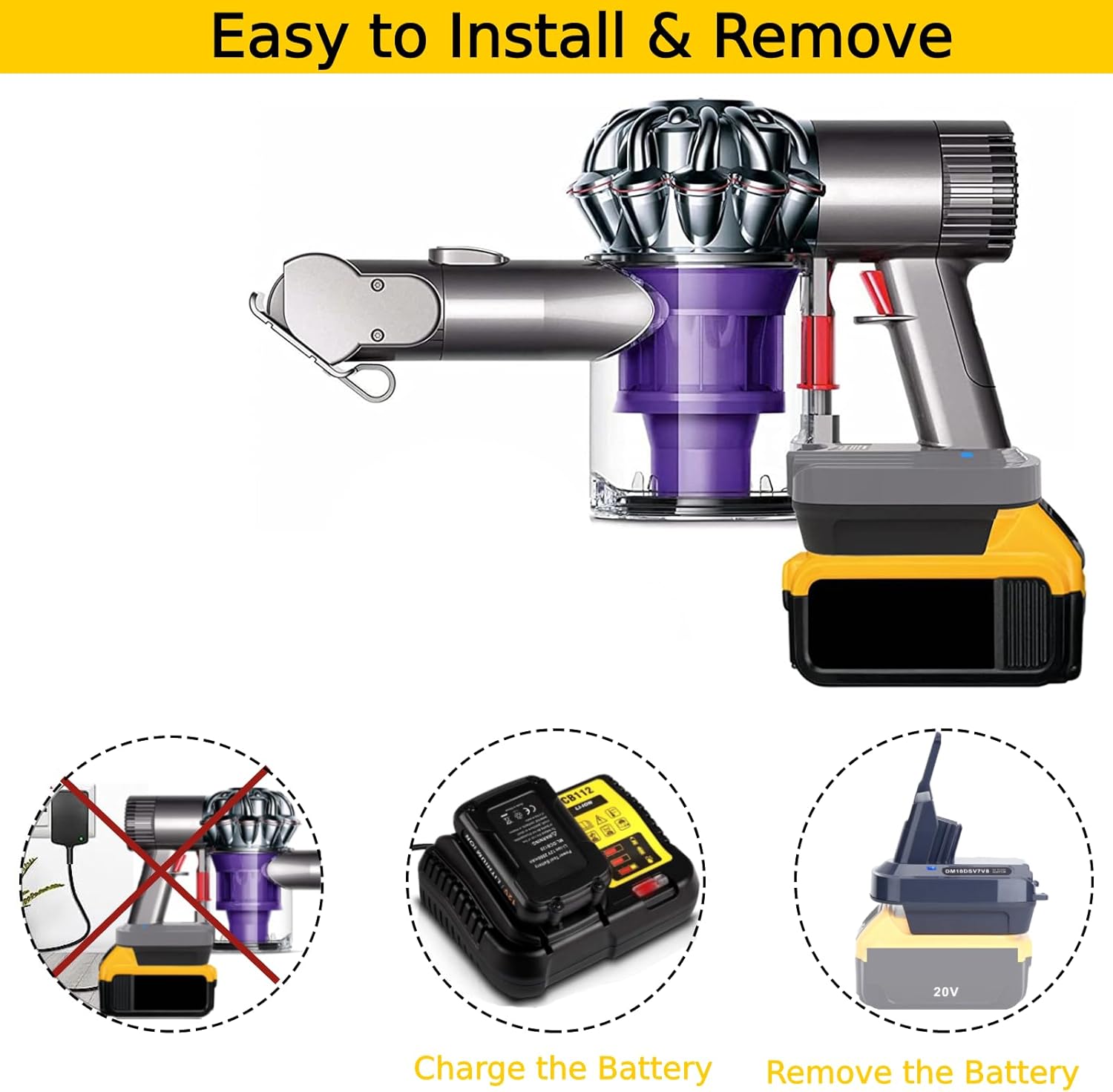 Epowon V7 V8 – Adaptador de batería compatible con batería Dewalt de 20 V a repuesto para batería V7, funciona con todos los convertidores de vacío