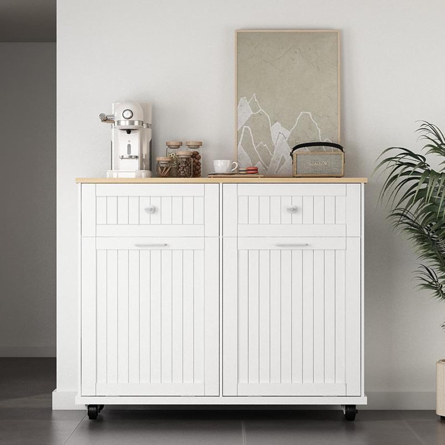 Armario de basura de doble inclinación de 20 galones, armario de reciclaje de basura de madera independiente con cajón y ruedas, gabinete de basura