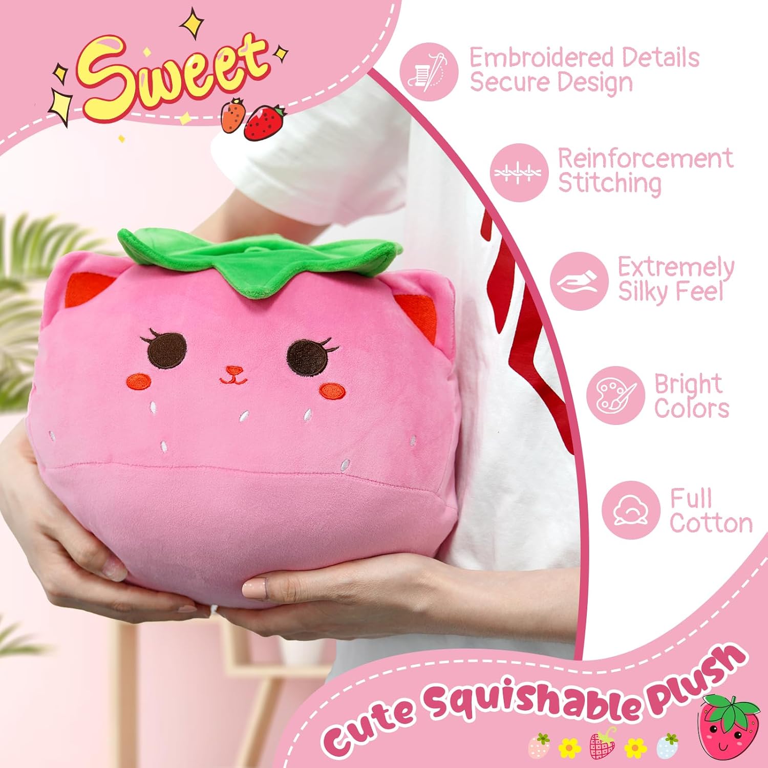 Almohada de felpa con diseño de gato de fresa de 12 pulgadas, lindo animal de peluche de gato rosa, juguete de peluche suave para niños, niñas y