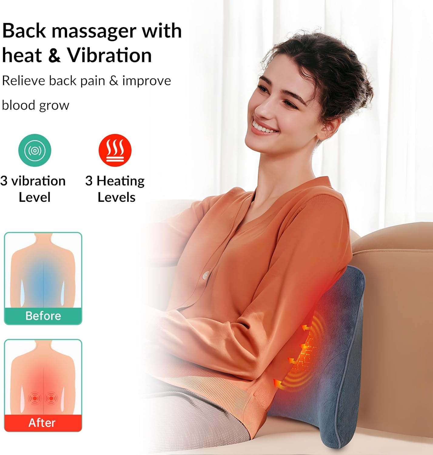 Snailax Almohada de apoyo lumbar calentada para silla de oficina, almohada de apoyo de espalda para automóvil con vibración, soporte de silla para