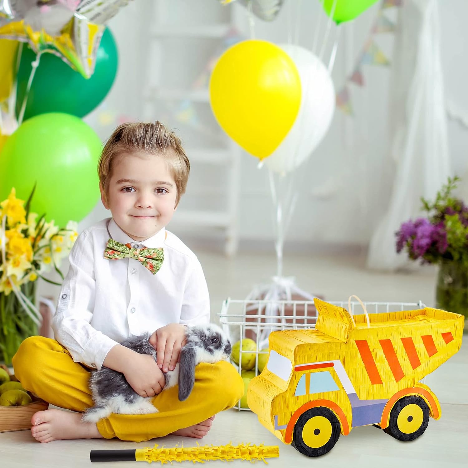 Piñata de camión volquete para niños, suministros de fiesta de cumpleaños, recuerdos de fiesta de construcción, palito de piñata y confeti vendado