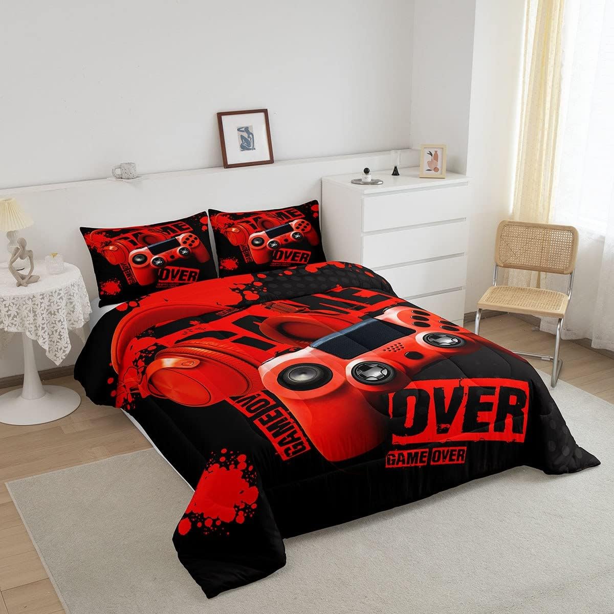 Juego de edredón de videojuegos para niños, tamaño individual, color rojo y negro, juego de ropa de cama de videojuegos para niños, niñas y