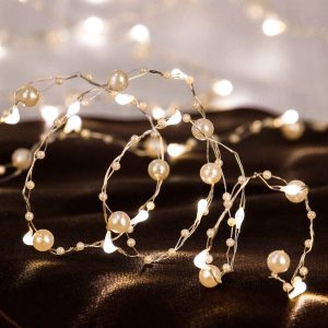 Impress Life Guirnalda de luces de perlas de océano, tejido hecho a mano, alambre de cobre de perlas sintéticas marfil, 10 pies con control remoto Impress Life Guirnalda de luces de perlas de océano, tejido hecho a mano, alambre de cobre de perlas sintéticas marfil, 10 pies con control remoto