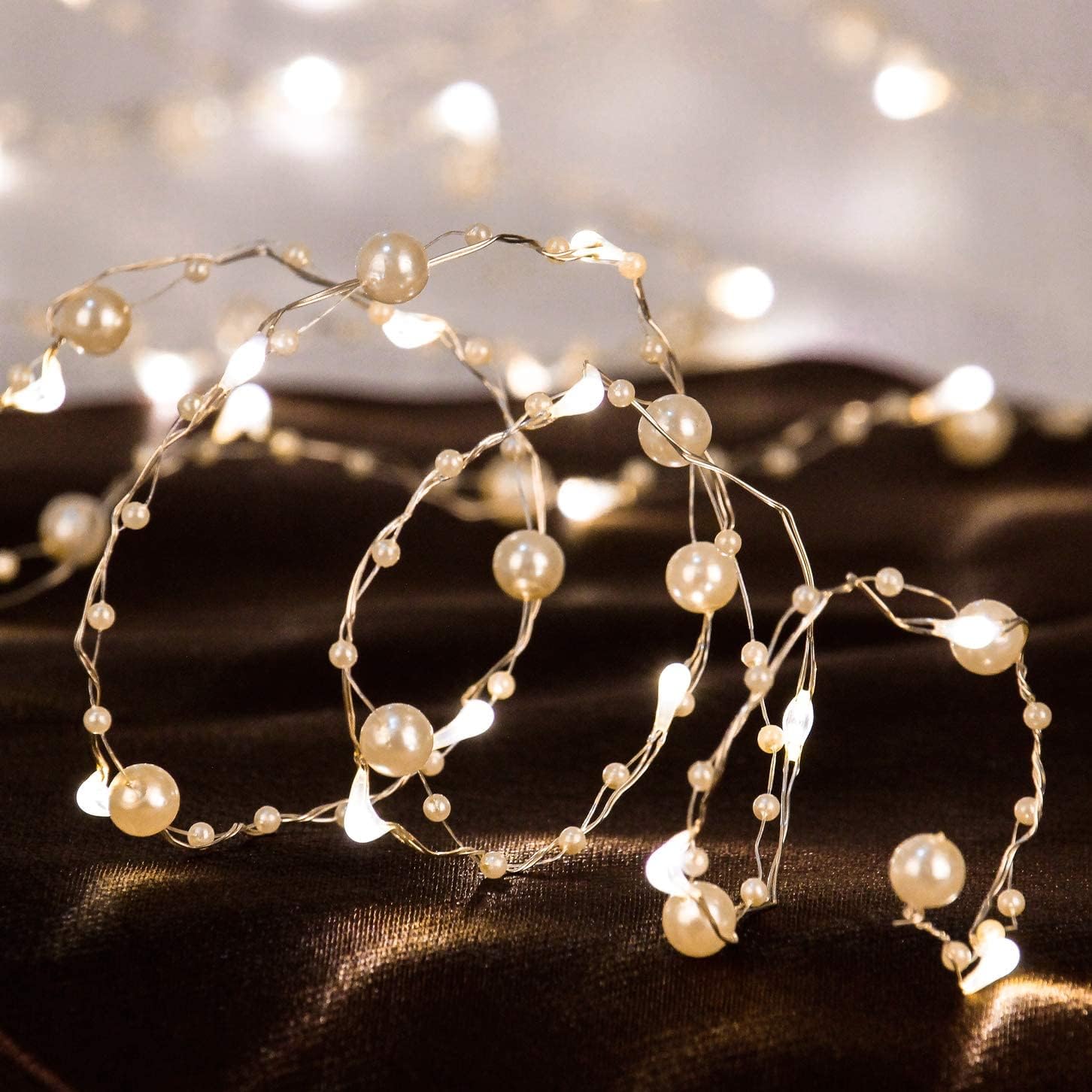 Impress Life Guirnalda de luces de perlas de océano, tejido hecho a mano, alambre de cobre de perlas sintéticas marfil, 10 pies con control remoto
