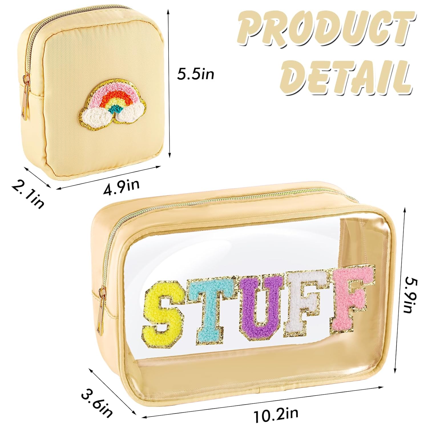 Bolsa de maquillaje transparente con letras de chenilla, de nailon, bolsa de cosméticos con cremallera, bolsa grande de maquillaje de viaje