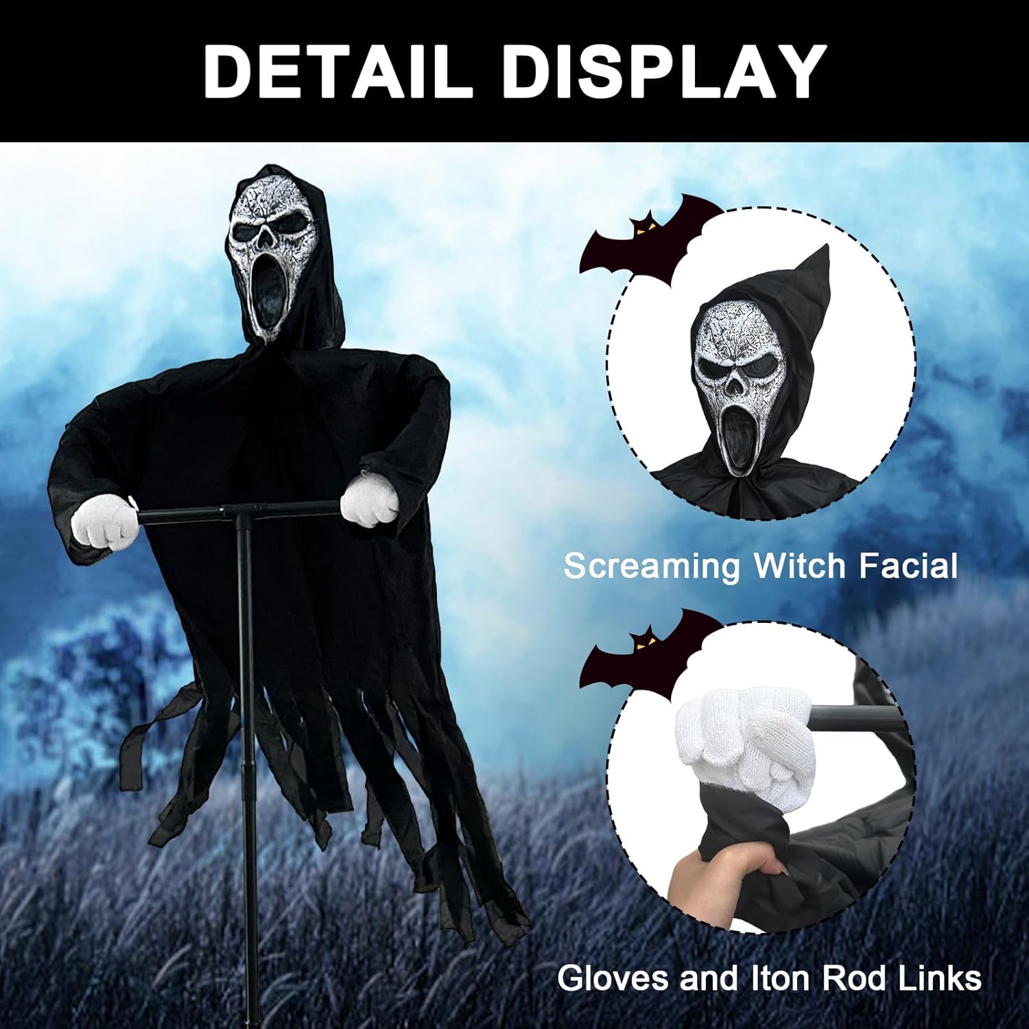 Decoración de espantapájaros con cara de fantasma volador, adorno aterrador de Halloween, fantasma, cuervos, decoración del hogar para patio al aire