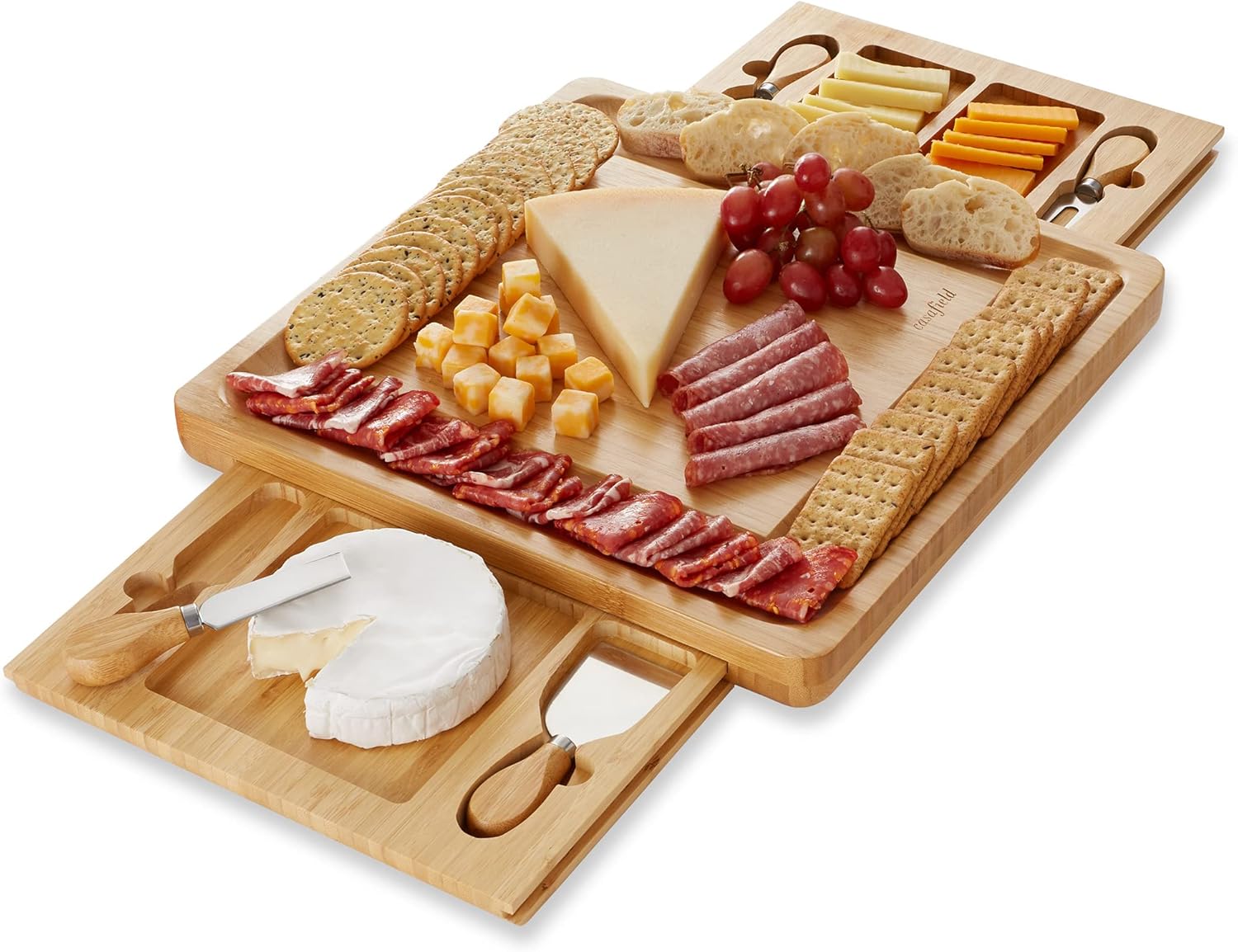 Casafield Juego de regalo de tablero de queso de bambú orgánico y cuchillo, bandeja de madera para charcutería, para carne, frutas, galletas con 2