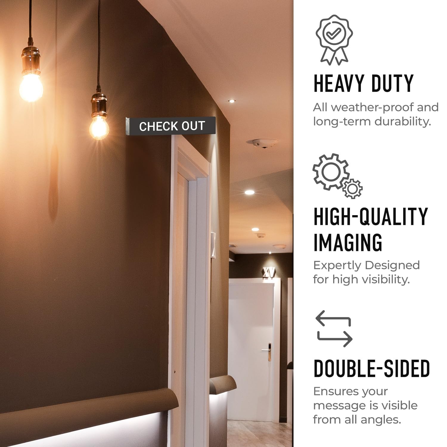 Check Out – Letrero de proyección de doble cara, 2 x 10 pulgadas, ACM, con accesorio plateado satinado de níquel cepillado, fabricado en Estados