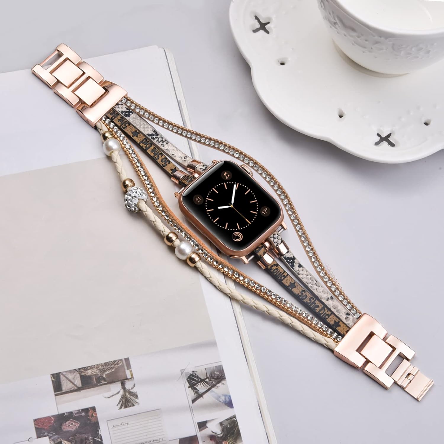 MOFREE Pulsera de cuero bohemio compatible con Apple Watch Band de 1.654 pulgadas, 1.732 pulgadas, 1.772 pulgadas, 1.772 pulgadas para mujer,