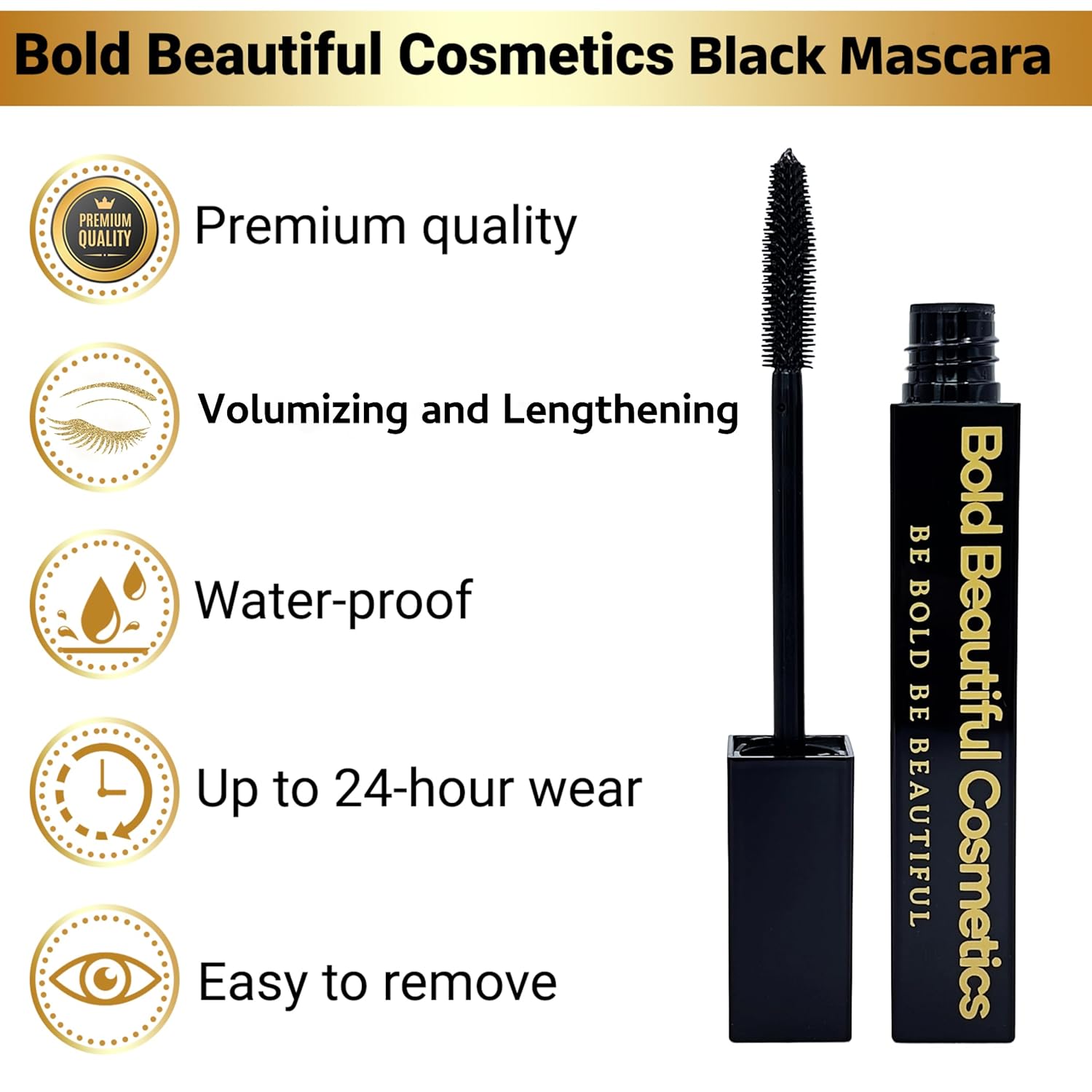 Máscara negra voluminizadora y alargadora de Bold Beautiful Cosmetics define y amplifica tus pestañas todo el día