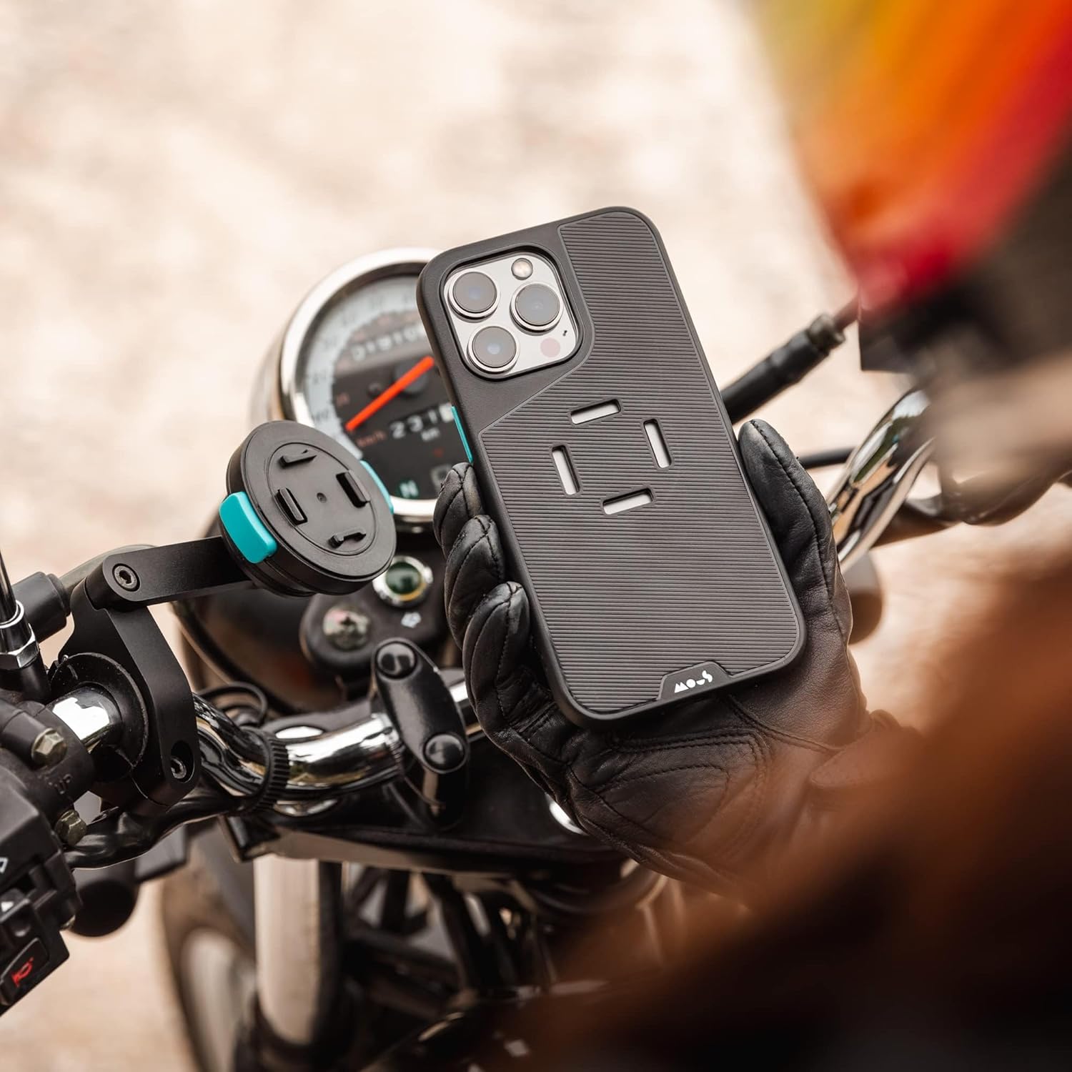 Mous – Soporte de teléfono para motocicleta y funda para iPhone 15 Pro Max – Kit de soporte para teléfono de motocicleta – Soporte de barra de