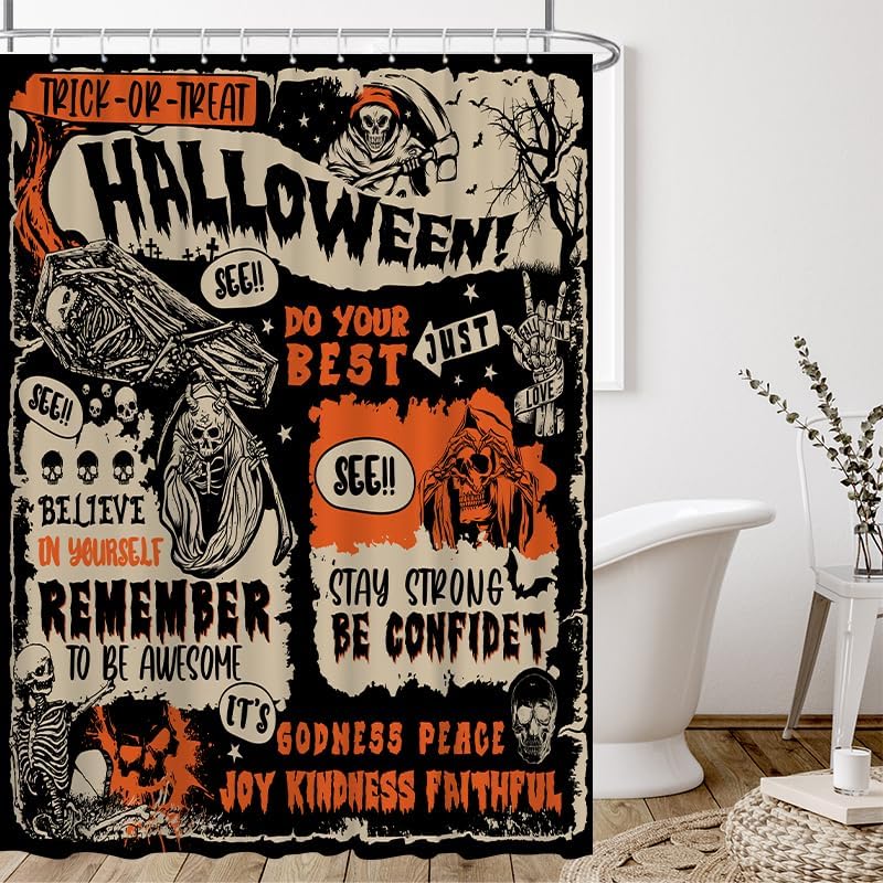 Lofaris Cortina de ducha de Halloween para baño, espeluznante truco o truco espeluznante, cortina de ducha espeluznante, calavera gótica, creer en