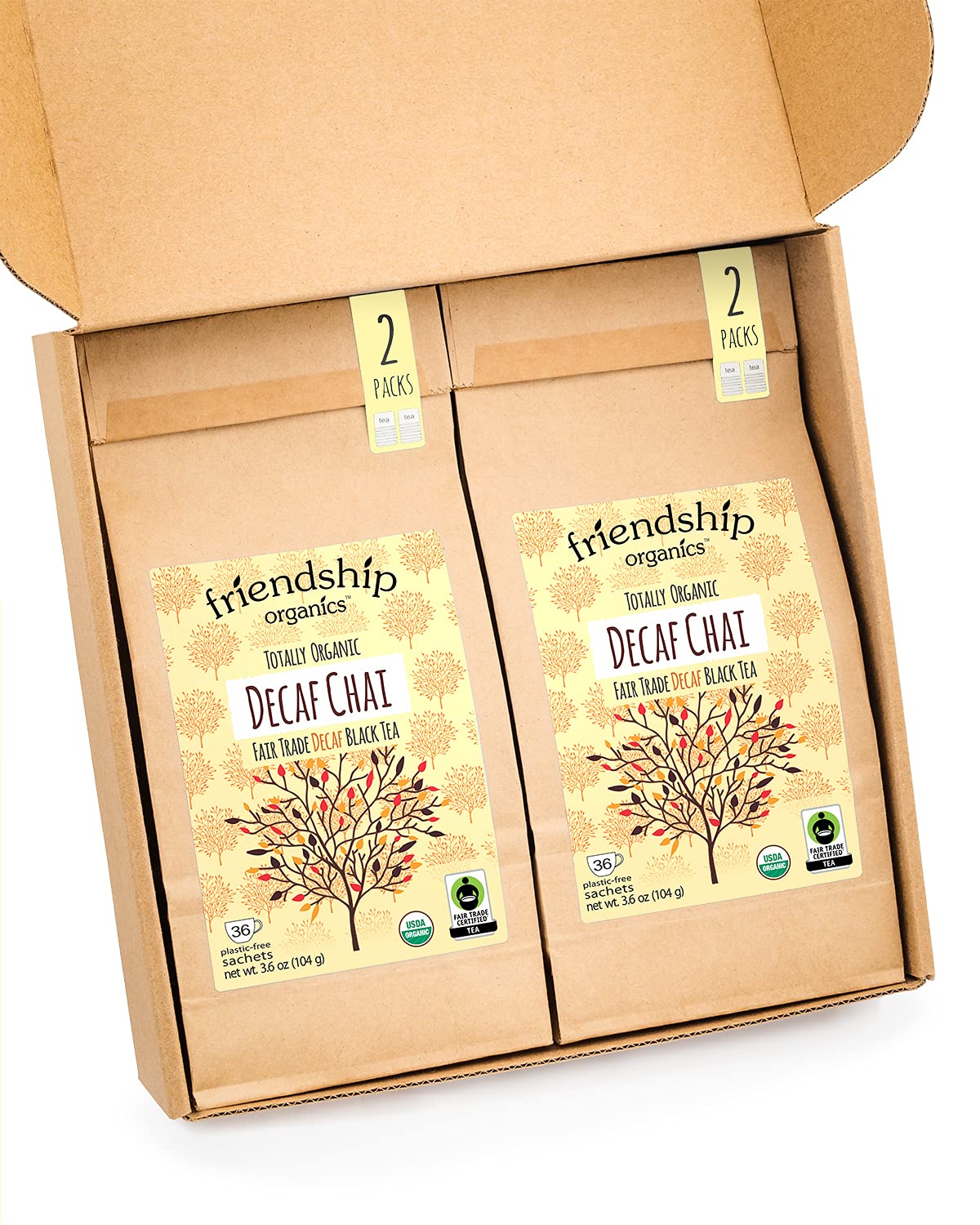 Friendship Organics Bolsas de té Chai descafeinadas, orgánicas y de comercio justo, 36 unidades (paquete de 2)