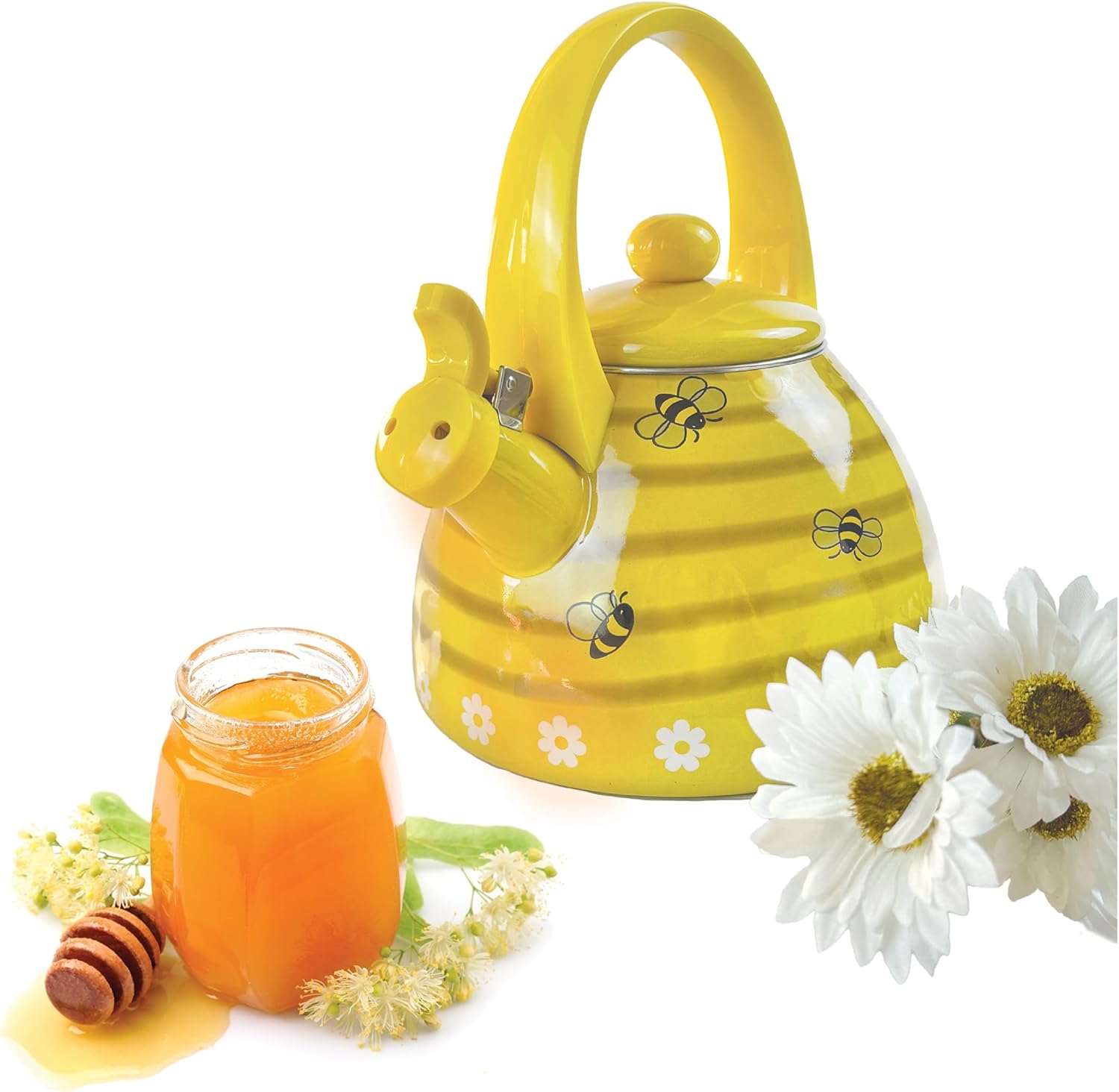 Trenton Gifts Bee Hive Design – Hervidor de té esmaltado, tetera silbante, accesorios de cocina lindos, 2.3 cuartos de galón